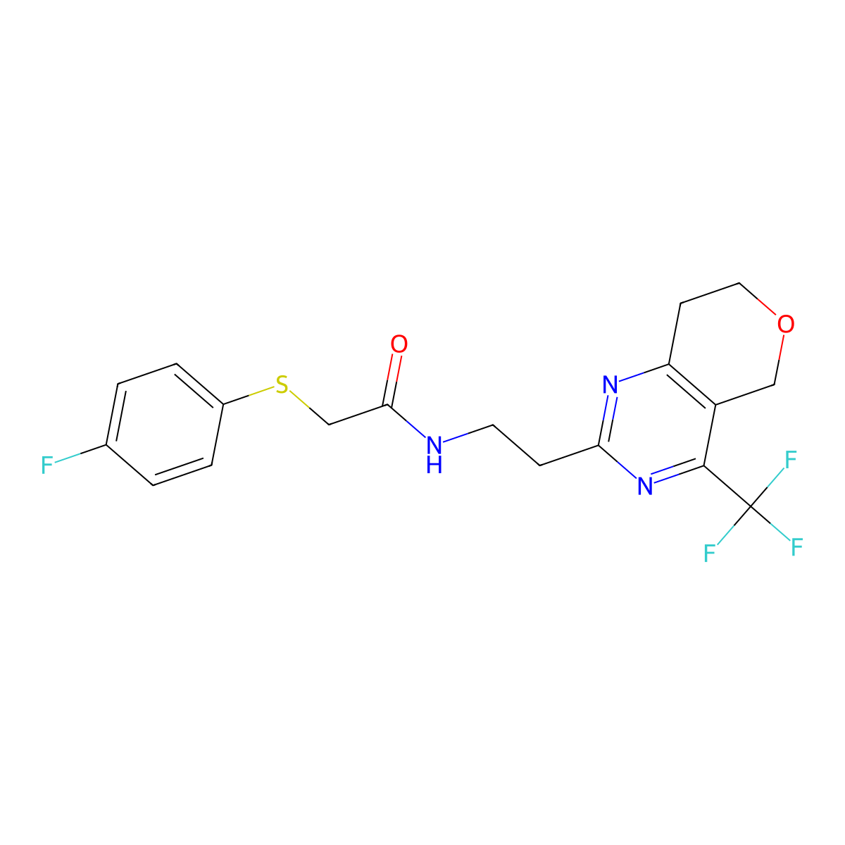2-((4-fluorophenyl)thio)-N-(2-(4-(trifluoromethyl)-7,8-dihydro-5H-pyrano[4,3-d]pyrimidin-2-yl)ethyl)acetamide molecular structure, CAS 2034256-49-8