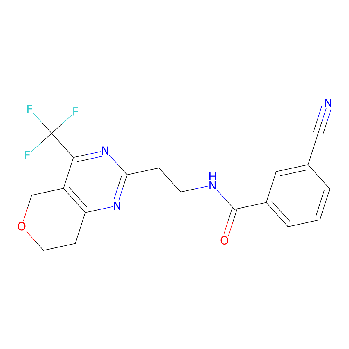 3-cyano-N-(2-(4-(trifluoromethyl)-7,8-dihydro-5H-pyrano[4,3-d]pyrimidin-2-yl)ethyl)benzamide molecular structure, CAS 2034256-53-4