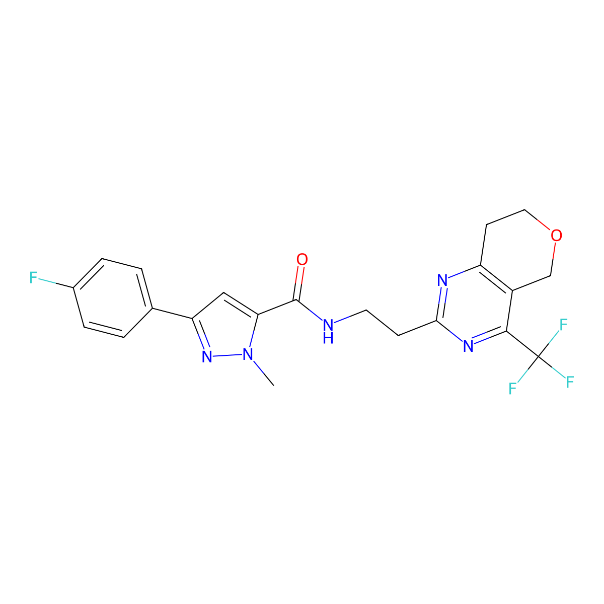 3-(4-fluorophenyl)-1-methyl-N-(2-(4-(trifluoromethyl)-7,8-dihydro-5H-pyrano[4,3-d]pyrimidin-2-yl)ethyl)-1H-pyrazole-5-carboxamide molecular structure, CAS 2034256-60-3