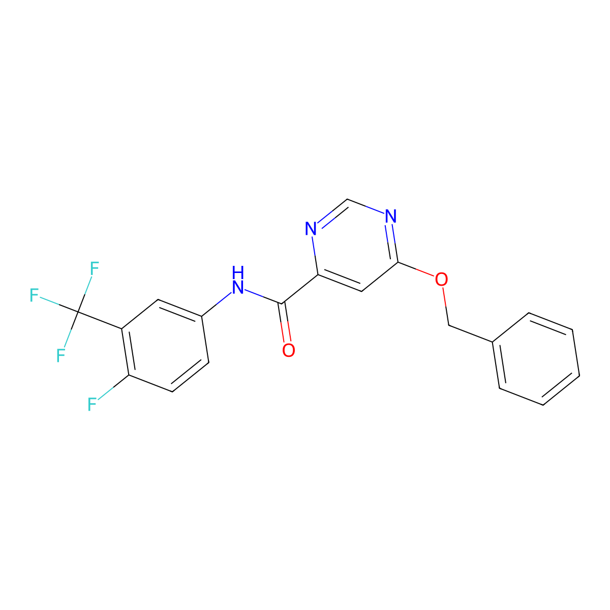 6-(benzyloxy)-N-(4-fluoro-3-(trifluoromethyl)phenyl)pyrimidine-4-carboxamide molecular structure, CAS 2034256-70-5