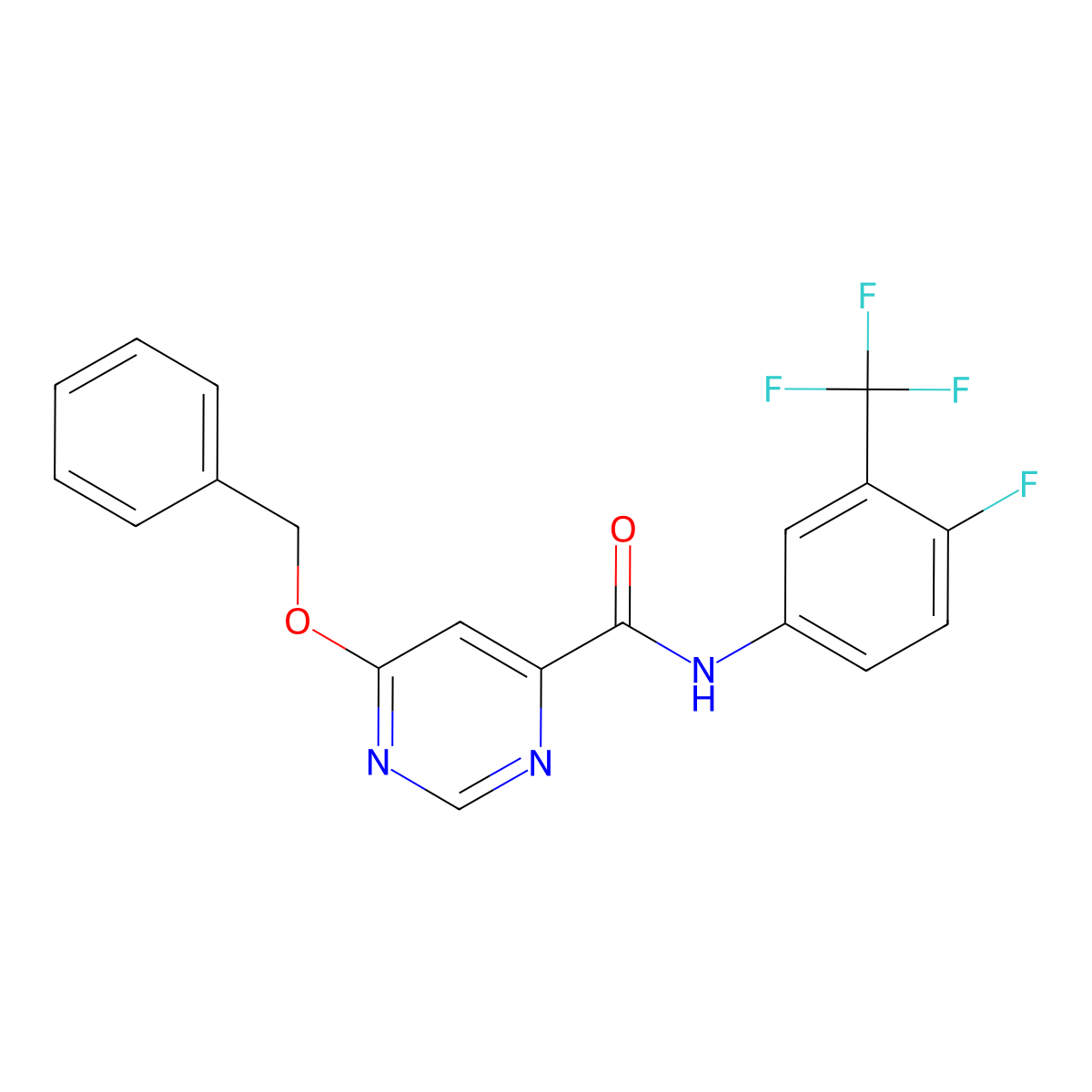 6-(benzyloxy)-N-(4-fluoro-3-(trifluoromethyl)phenyl)pyrimidine-4-carboxamide molecular structure, CAS 2034256-70-5