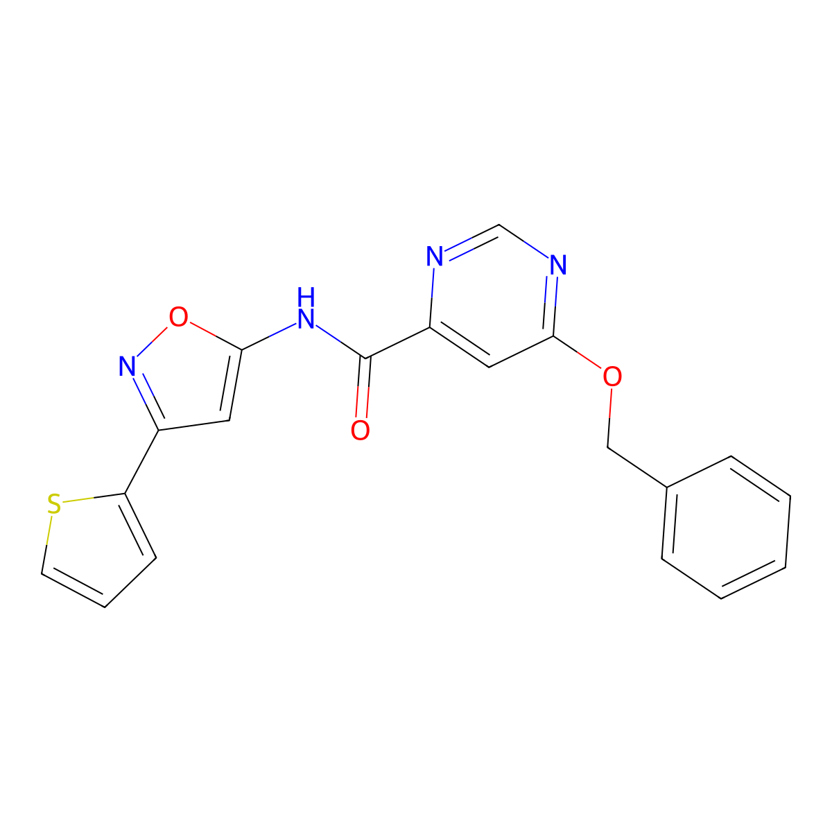 6-(benzyloxy)-N-(3-(thiophen-2-yl)isoxazol-5-yl)pyrimidine-4-carboxamide molecular structure, CAS 2034256-85-2