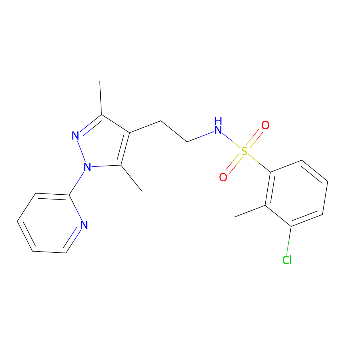 3-chloro-N-(2-(3,5-dimethyl-1-(pyridin-2-yl)-1H-pyrazol-4-yl)ethyl)-2-methylbenzenesulfonamide molecular structure, CAS 2034257-36-6