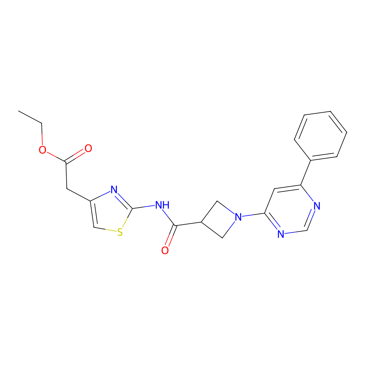 Ethyl 2-(2-(1-(6-phenylpyrimidin-4-yl)azetidine-3-carboxamido)thiazol-4-yl)acetate molecular structure, CAS 2034257-38-8