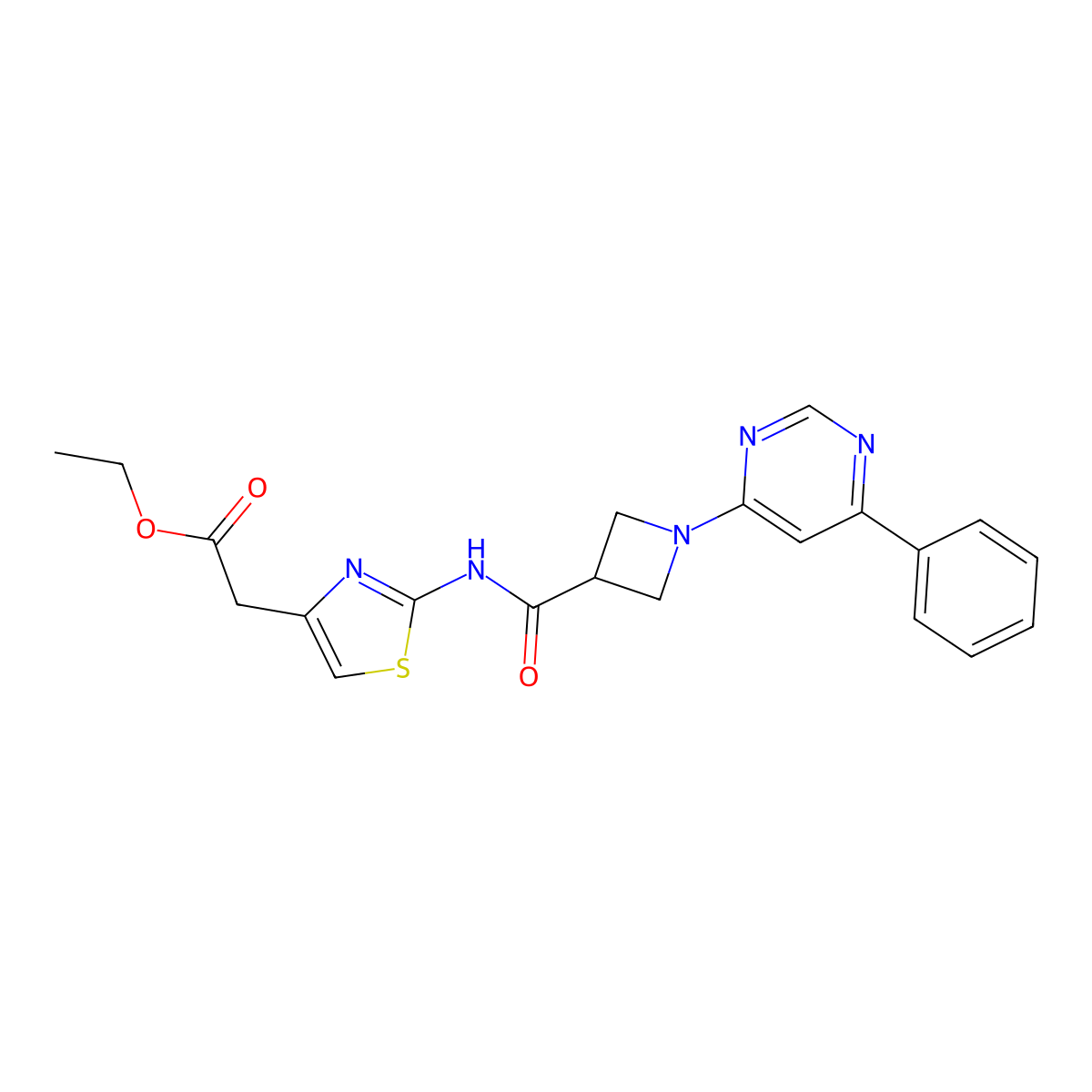 Ethyl 2-(2-(1-(6-phenylpyrimidin-4-yl)azetidine-3-carboxamido)thiazol-4-yl)acetate molecular structure, CAS 2034257-38-8