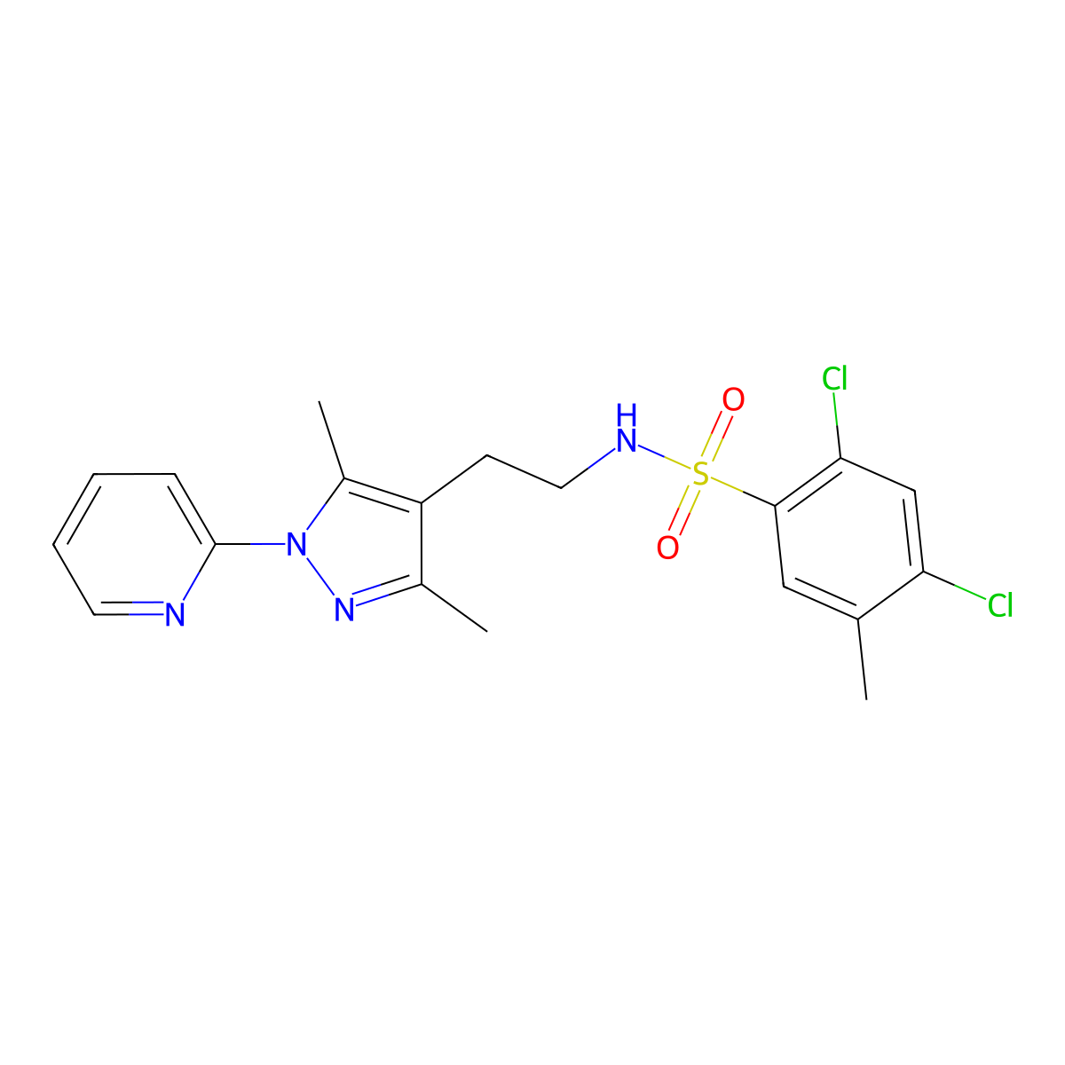 2,4-dichloro-N-(2-(3,5-dimethyl-1-(pyridin-2-yl)-1H-pyrazol-4-yl)ethyl)-5-methylbenzenesulfonamide molecular structure, CAS 2034257-43-5