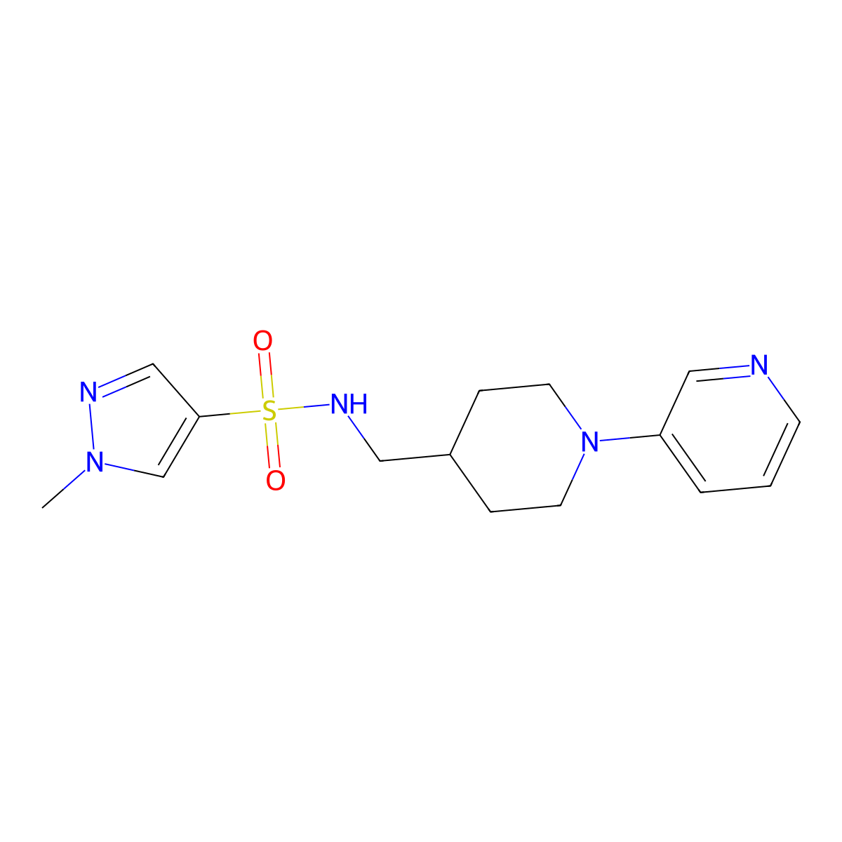 1-methyl-N-((1-(pyridin-3-yl)piperidin-4-yl)methyl)-1H-pyrazole-4-sulfonamide molecular structure, CAS 2034257-68-4