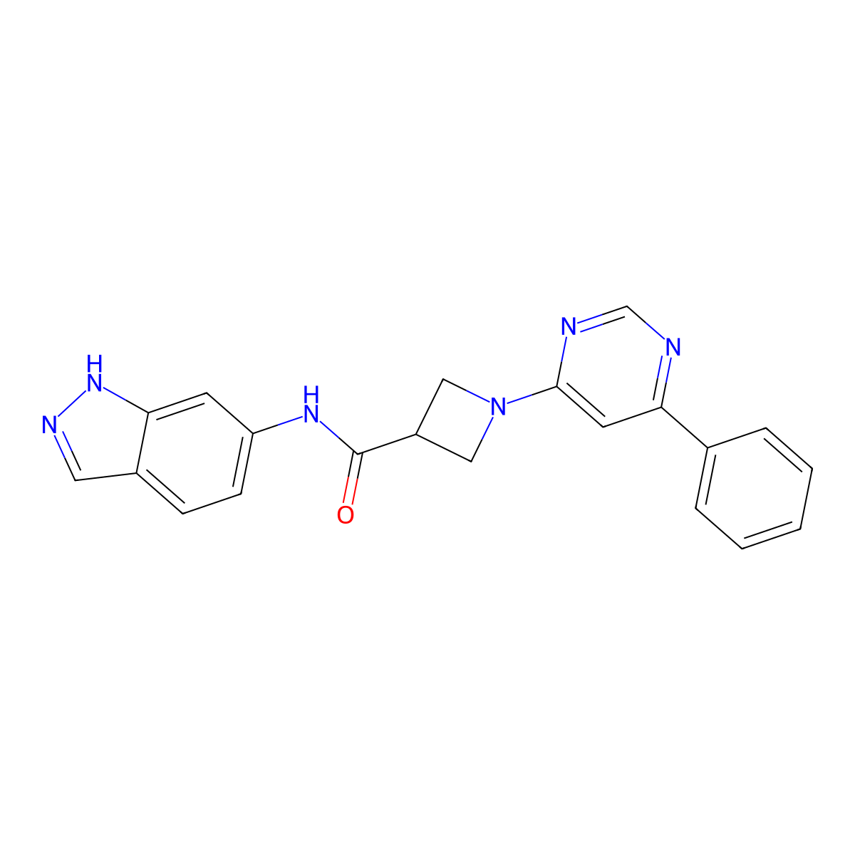 N-(1H-indazol-6-yl)-1-(6-phenylpyrimidin-4-yl)azetidine-3-carboxamide molecular structure, CAS 2034257-87-7