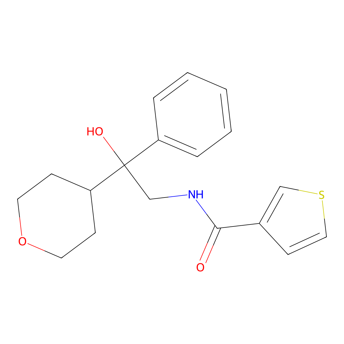 N-[2-hydroxy-2-(oxan-4-yl)-2-phenylethyl]thiophene-3-carboxamide molecular structure, CAS 2034257-98-0
