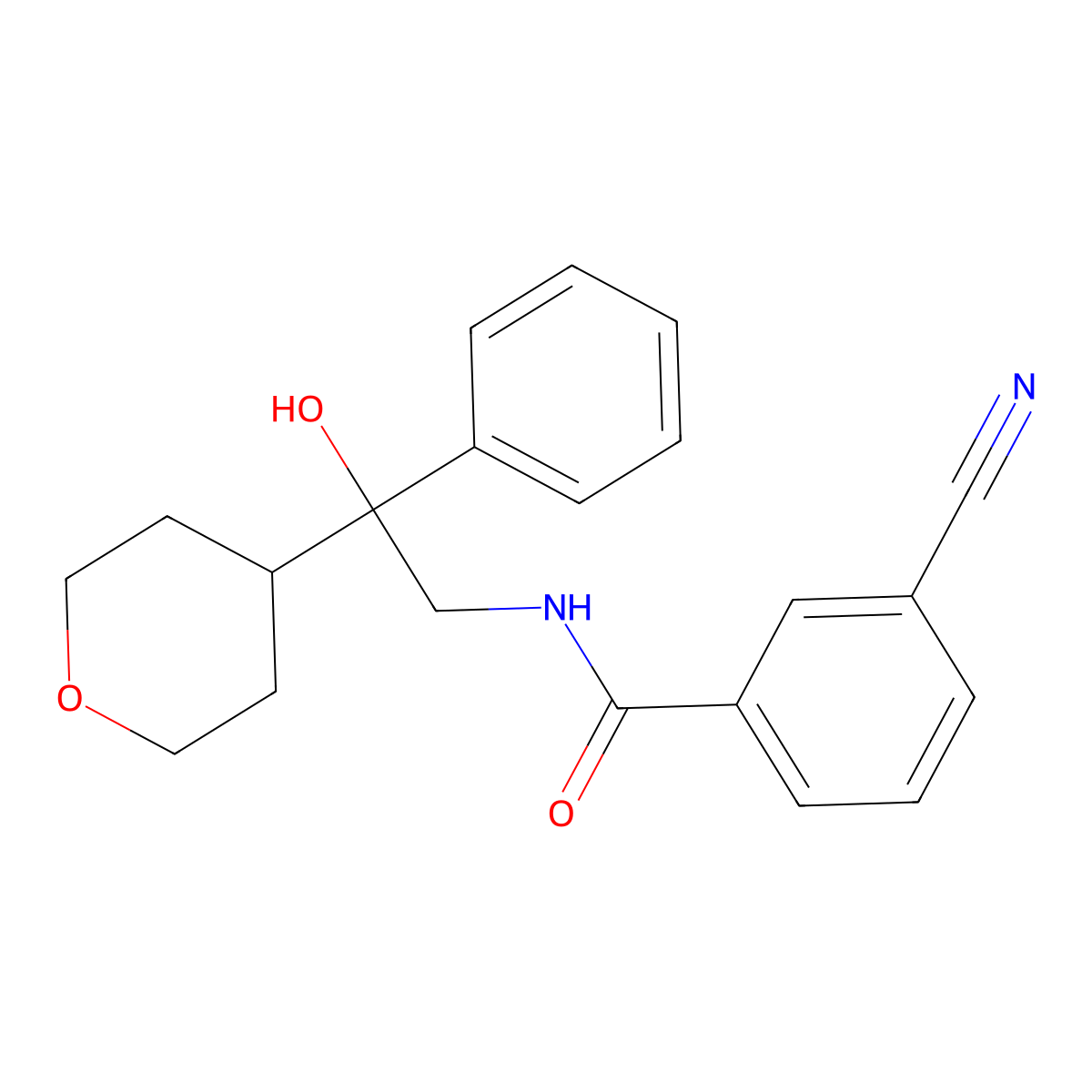 3-cyano-N-(2-hydroxy-2-phenyl-2-(tetrahydro-2H-pyran-4-yl)ethyl)benzamide molecular structure, CAS 2034258-09-6