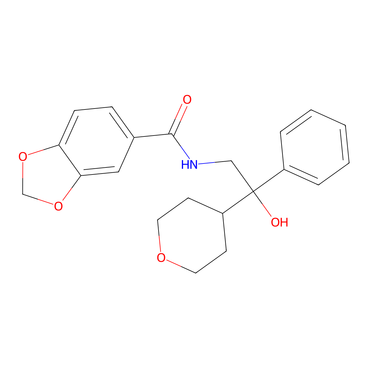 N-(2-hydroxy-2-phenyl-2-(tetrahydro-2H-pyran-4-yl)ethyl)benzo[d][1,3]dioxole-5-carboxamide molecular structure, CAS 2034258-14-3
