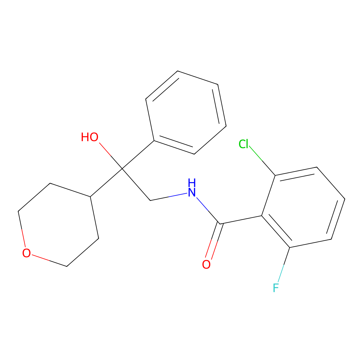 2-chloro-6-fluoro-N-[2-hydroxy-2-(oxan-4-yl)-2-phenylethyl]benzamide molecular structure, CAS 2034258-18-7