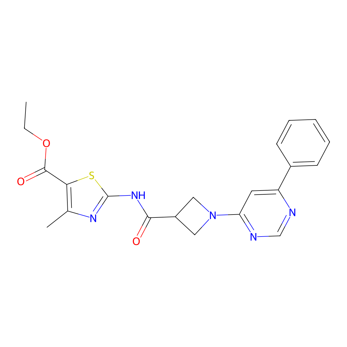 Ethyl 4-methyl-2-(1-(6-phenylpyrimidin-4-yl)azetidine-3-carboxamido)thiazole-5-carboxylate molecular structure, CAS 2034258-23-4