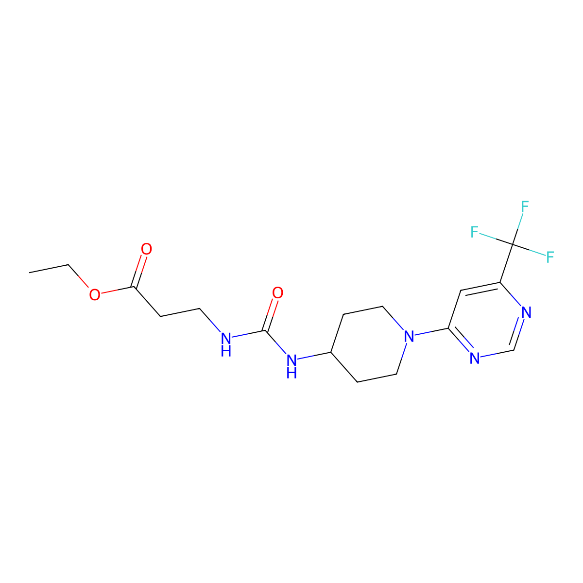 Ethyl 3-(3-(1-(6-(trifluoromethyl)pyrimidin-4-yl)piperidin-4-yl)ureido)propanoate molecular structure, CAS 2034258-31-4