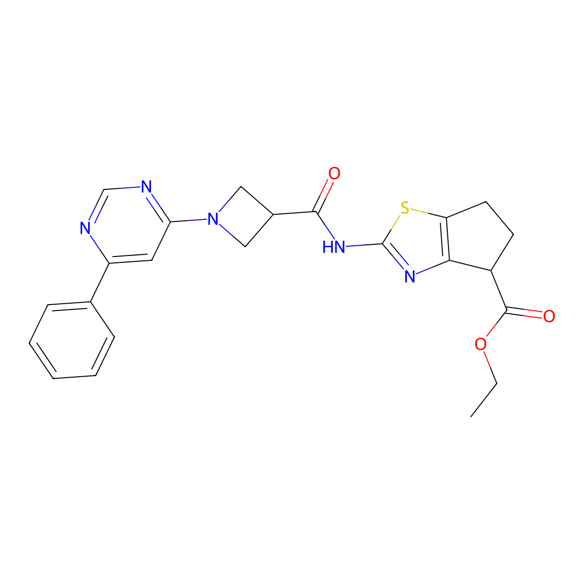 ethyl 2-(1-(6-phenylpyrimidin-4-yl)azetidine-3-carboxamido)-5,6-dihydro-4H-cyclopenta[d]thiazole-4-carboxylate molecular structure, CAS 2034258-33-6