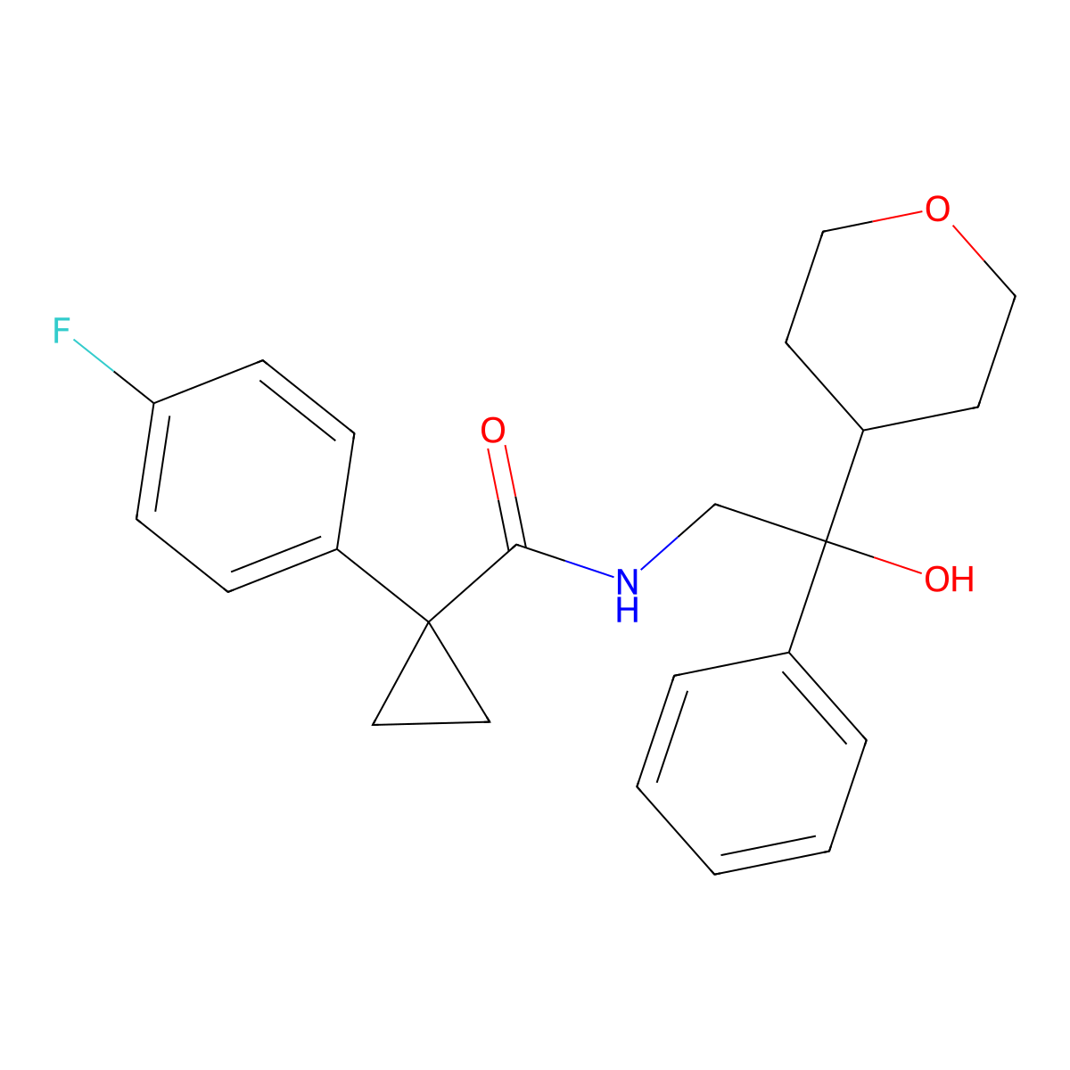 1-(4-fluorophenyl)-N-(2-hydroxy-2-phenyl-2-(tetrahydro-2H-pyran-4-yl)ethyl)cyclopropanecarboxamide molecular structure, CAS 2034258-35-8