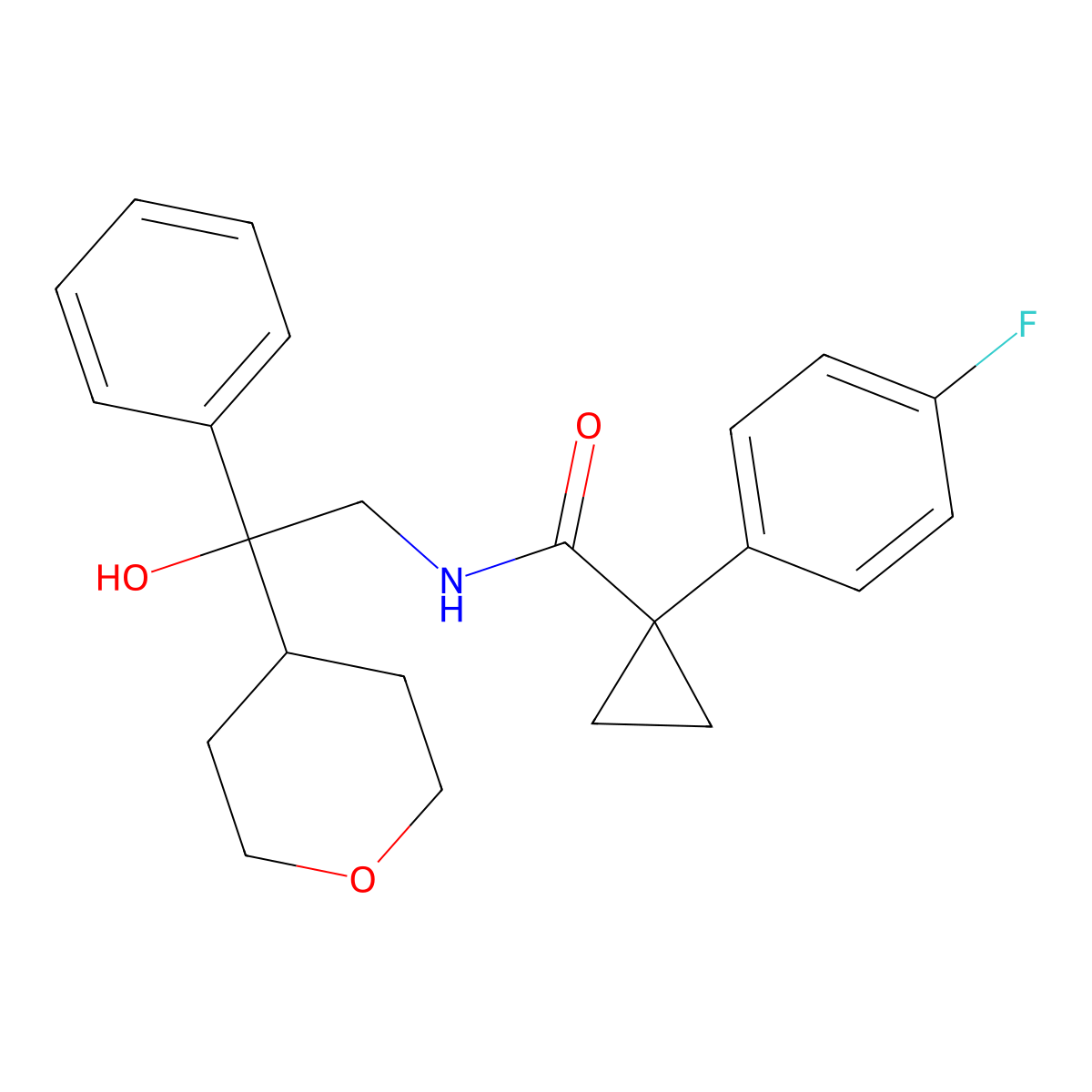 1-(4-fluorophenyl)-N-(2-hydroxy-2-phenyl-2-(tetrahydro-2H-pyran-4-yl)ethyl)cyclopropanecarboxamide molecular structure, CAS 2034258-35-8