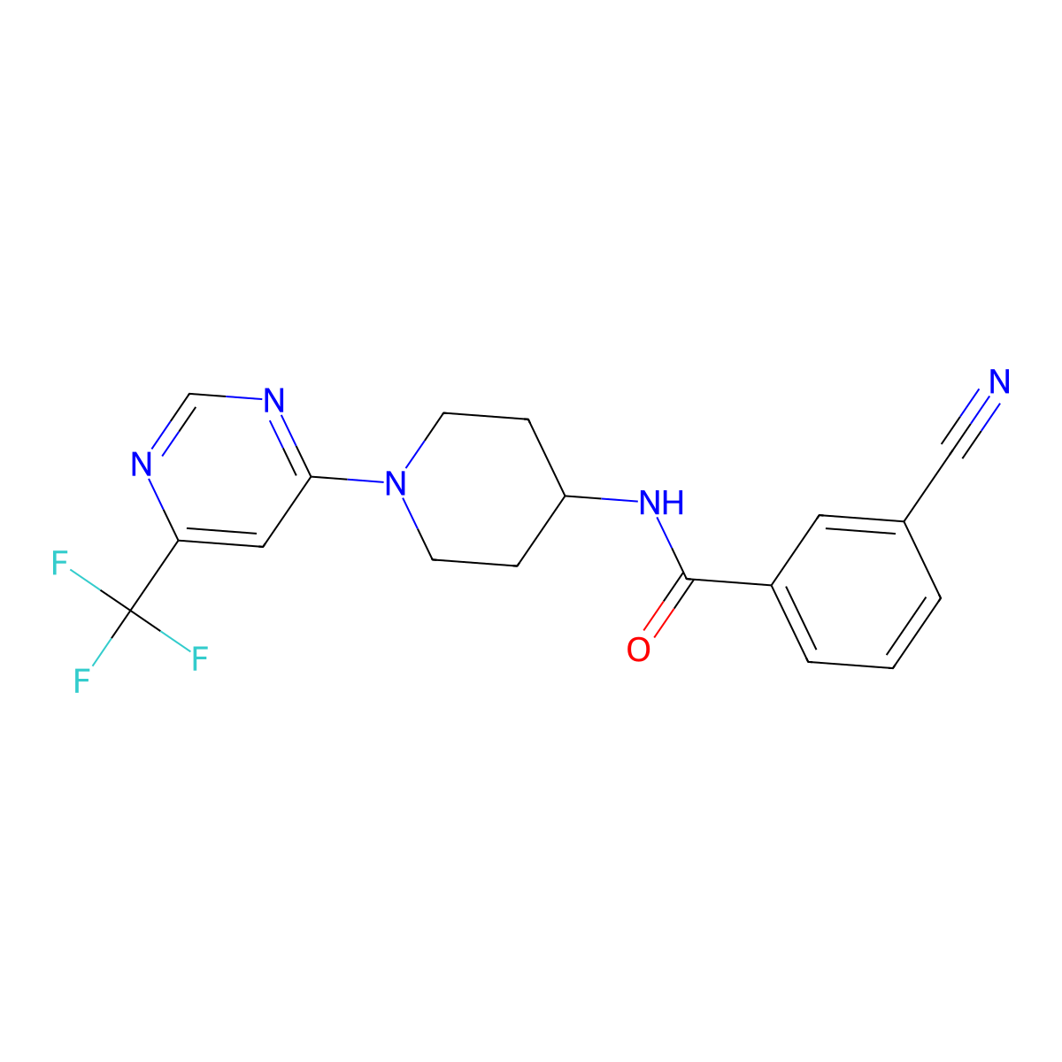 3-cyano-N-(1-(6-(trifluoromethyl)pyrimidin-4-yl)piperidin-4-yl)benzamide molecular structure, CAS 2034258-41-6