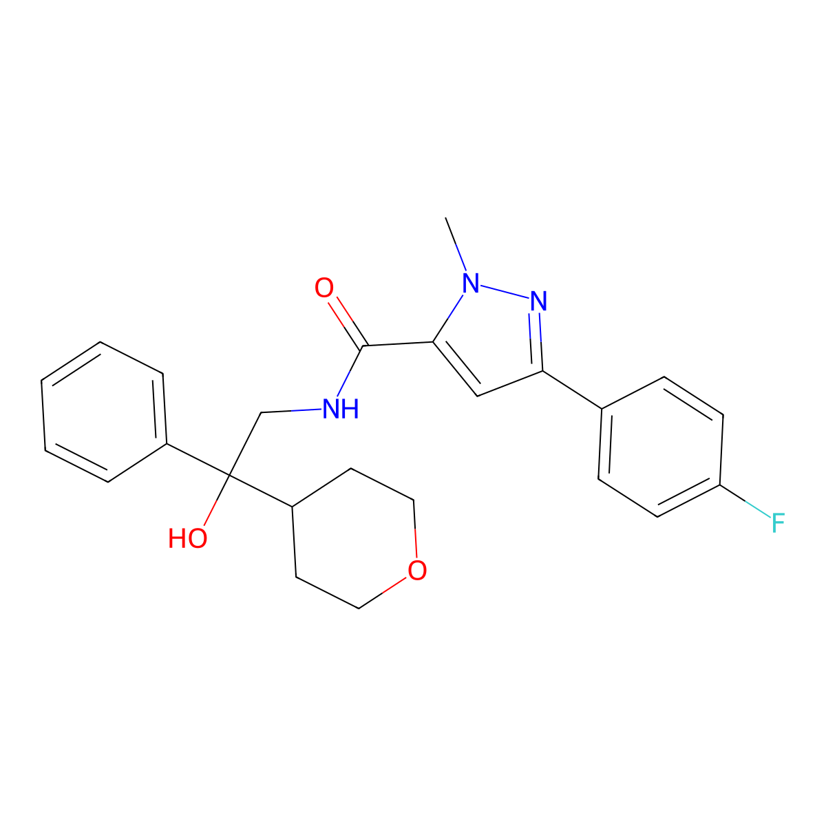 3-(4-fluorophenyl)-N-(2-hydroxy-2-phenyl-2-(tetrahydro-2H-pyran-4-yl)ethyl)-1-methyl-1H-pyrazole-5-carboxamide molecular structure, CAS 2034258-43-8