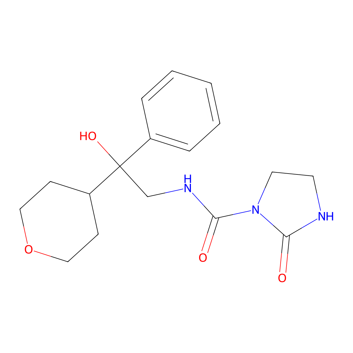N-(2-hydroxy-2-phenyl-2-(tetrahydro-2H-pyran-4-yl)ethyl)-2-oxoimidazolidine-1-carboxamide molecular structure, CAS 2034258-50-7