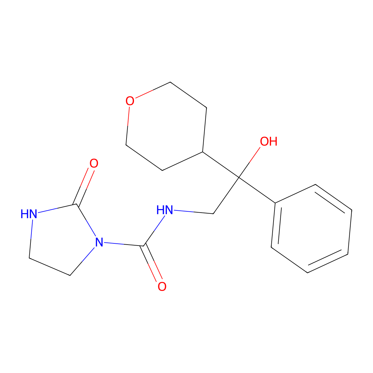 N-(2-hydroxy-2-phenyl-2-(tetrahydro-2H-pyran-4-yl)ethyl)-2-oxoimidazolidine-1-carboxamide molecular structure, CAS 2034258-50-7