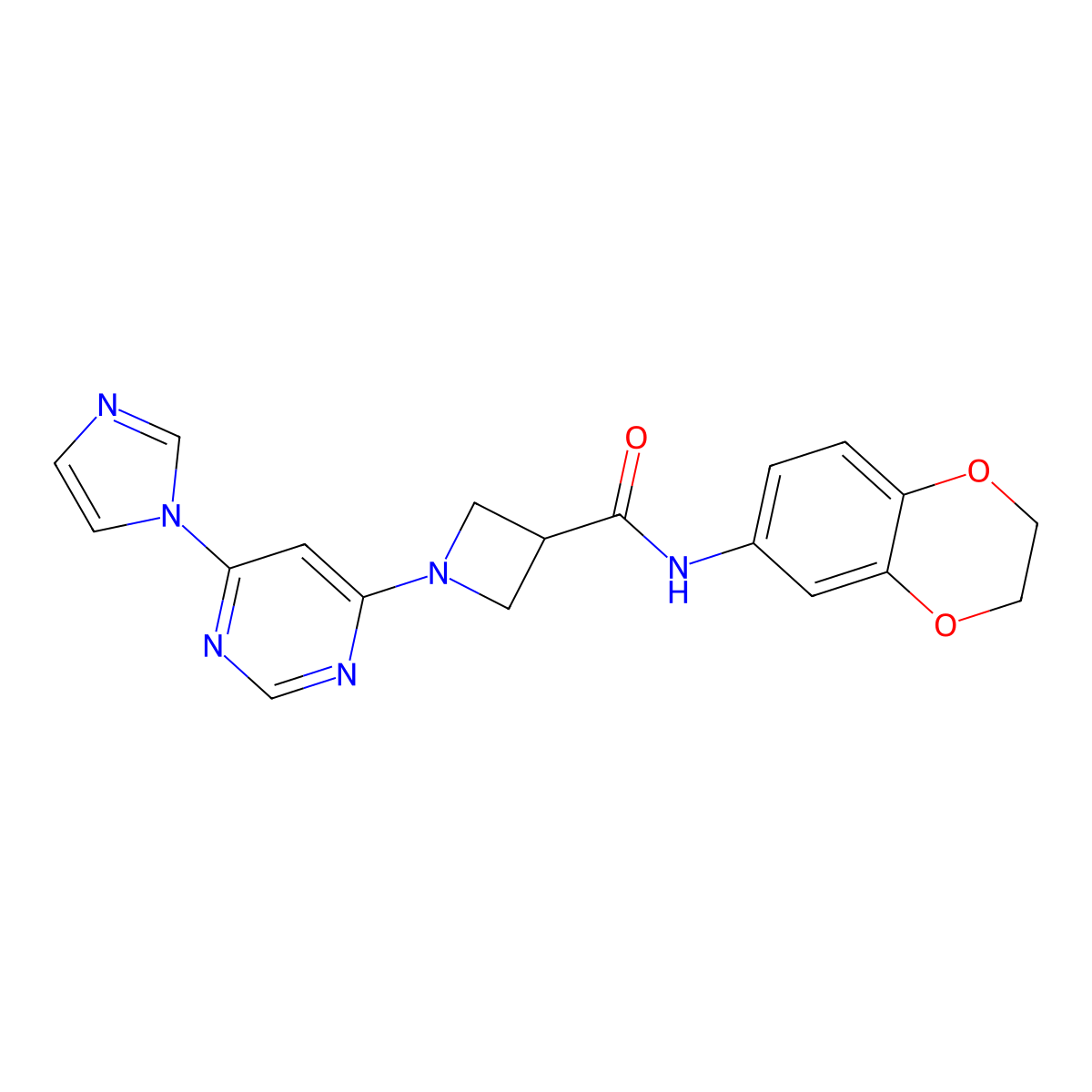 1-(6-(1H-imidazol-1-yl)pyrimidin-4-yl)-N-(2,3-dihydrobenzo[b][1,4]dioxin-6-yl)azetidine-3-carboxamide molecular structure, CAS 2034258-55-2