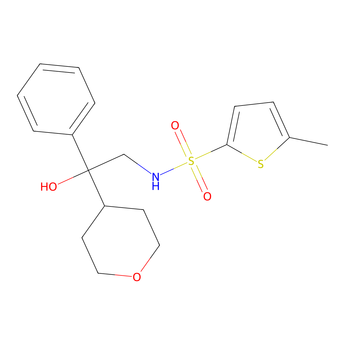 N-(2-hydroxy-2-phenyl-2-(tetrahydro-2H-pyran-4-yl)ethyl)-5-methylthiophene-2-sulfonamide molecular structure, CAS 2034258-62-1
