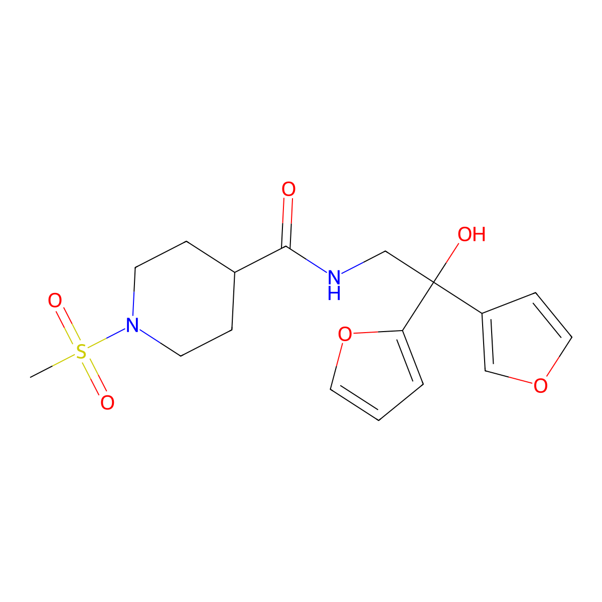 N-(2-(furan-2-yl)-2-(furan-3-yl)-2-hydroxyethyl)-1-(methylsulfonyl)piperidine-4-carboxamide molecular structure, CAS 2034258-65-4