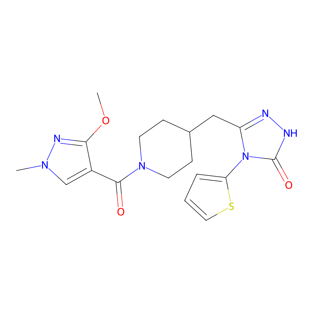 3-((1-(3-methoxy-1-methyl-1H-pyrazole-4-carbonyl)piperidin-4-yl)methyl)-4-(thiophen-2-yl)-1H-1,2,4-triazol-5(4H)-one molecular structure, CAS 2034258-78-9