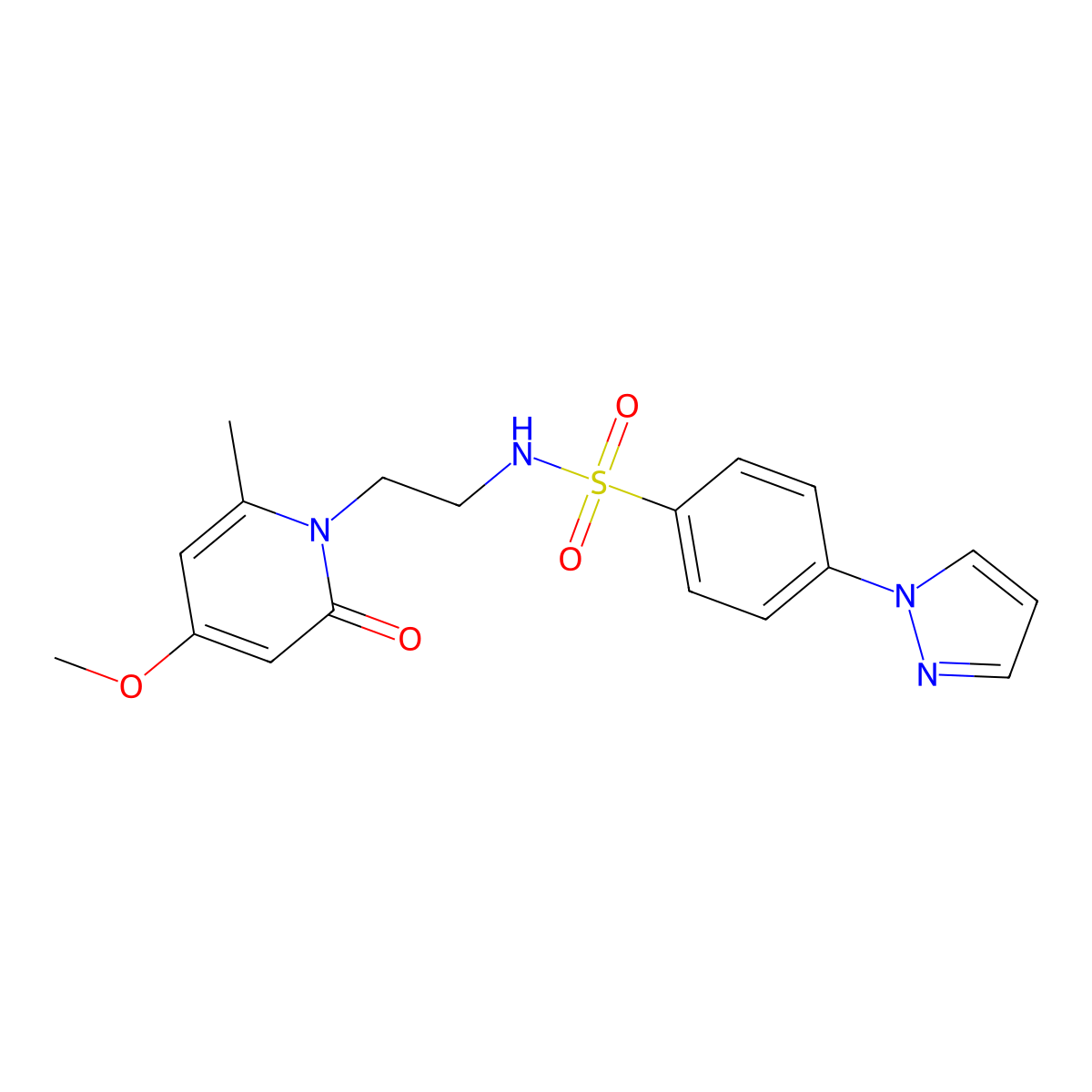 N-(2-(4-methoxy-6-methyl-2-oxopyridin-1(2H)-yl)ethyl)-4-(1H-pyrazol-1-yl)benzenesulfonamide molecular structure, CAS 2034258-81-4