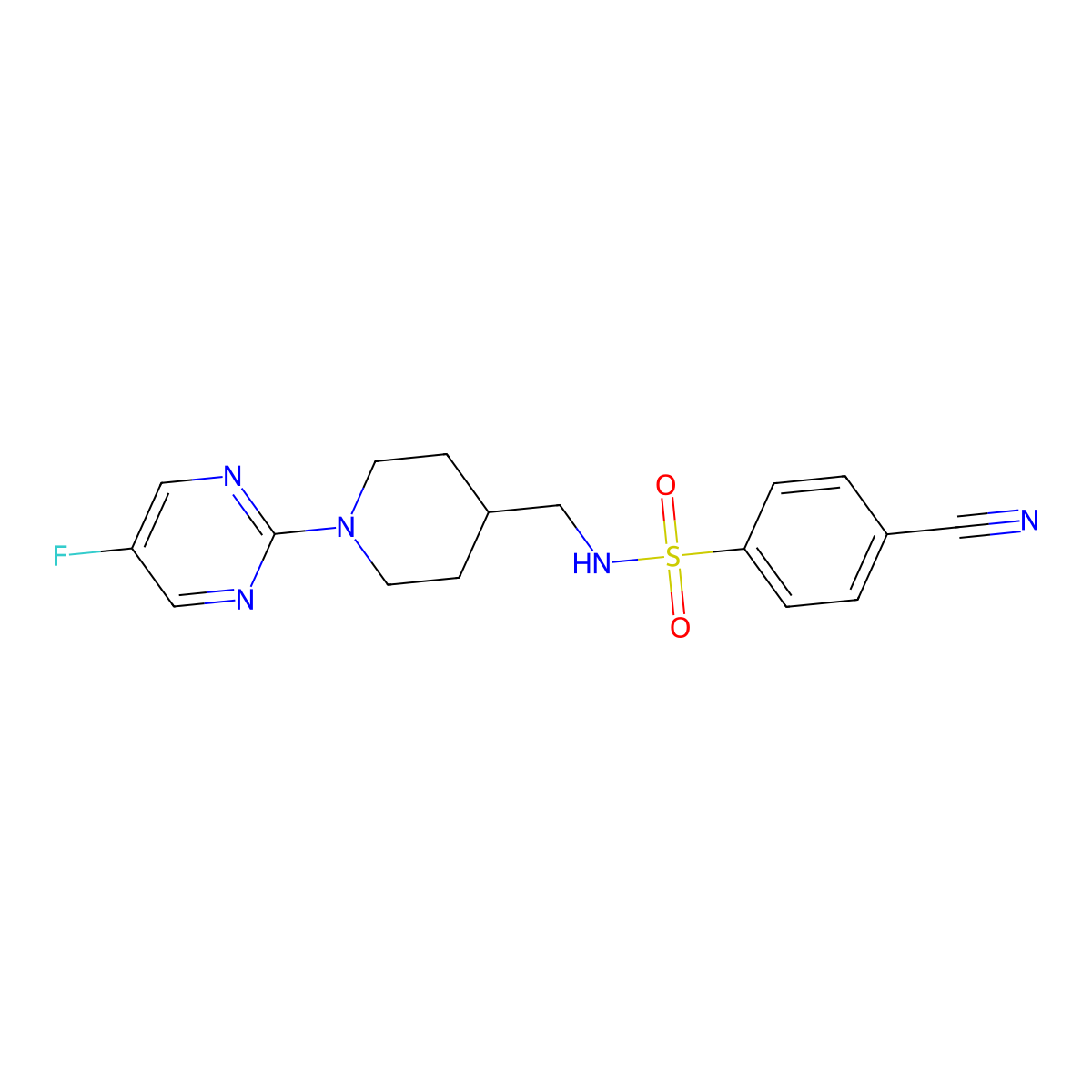 4-cyano-N-((1-(5-fluoropyrimidin-2-yl)piperidin-4-yl)methyl)benzenesulfonamide molecular structure, CAS 2034258-87-0
