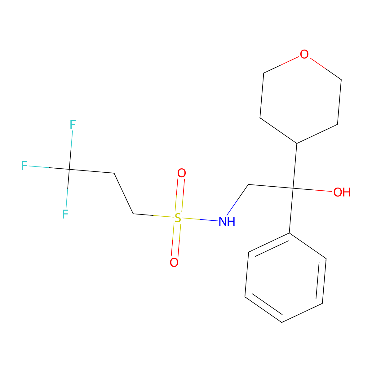3,3,3-trifluoro-N-[2-hydroxy-2-(oxan-4-yl)-2-phenylethyl]propane-1-sulfonamide molecular structure, CAS 2034258-95-0