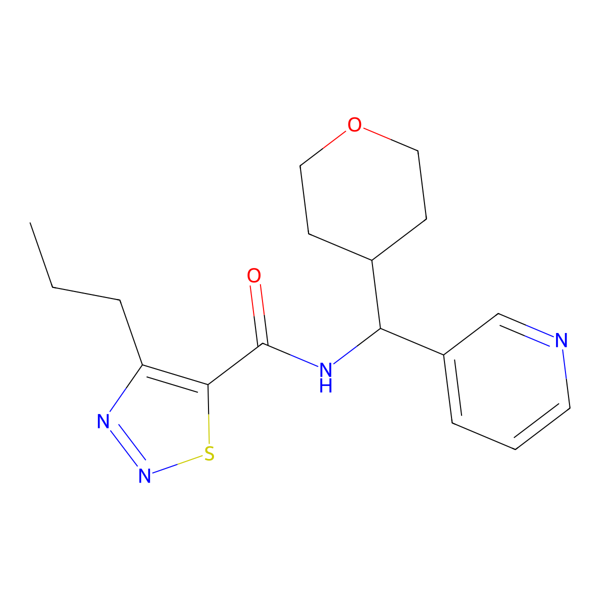 4-propyl-N-(pyridin-3-yl(tetrahydro-2H-pyran-4-yl)methyl)-1,2,3-thiadiazole-5-carboxamide molecular structure, CAS 2034258-97-2