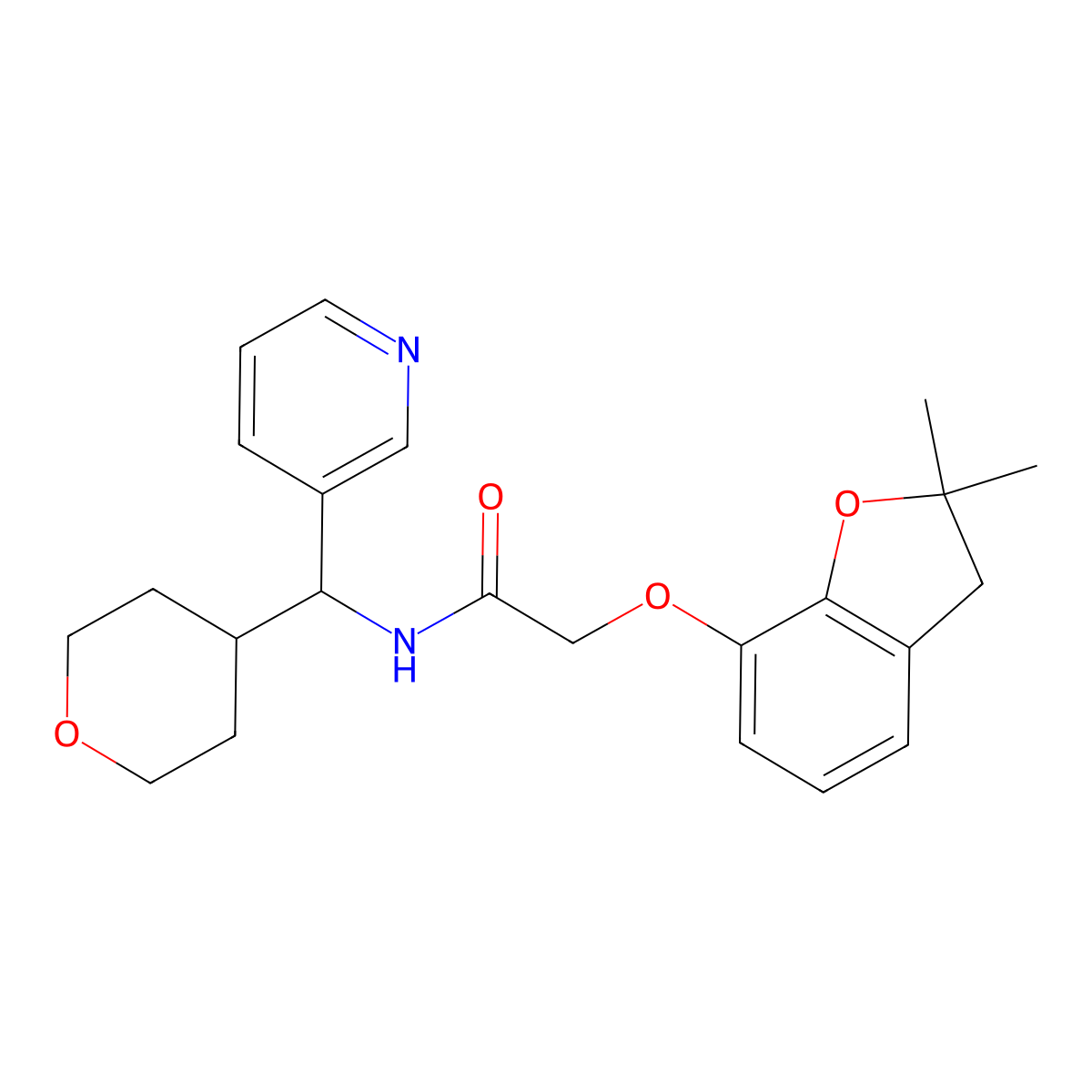 2-((2,2-dimethyl-2,3-dihydrobenzofuran-7-yl)oxy)-N-(pyridin-3-yl(tetrahydro-2H-pyran-4-yl)methyl)acetamide molecular structure, CAS 2034259-03-3