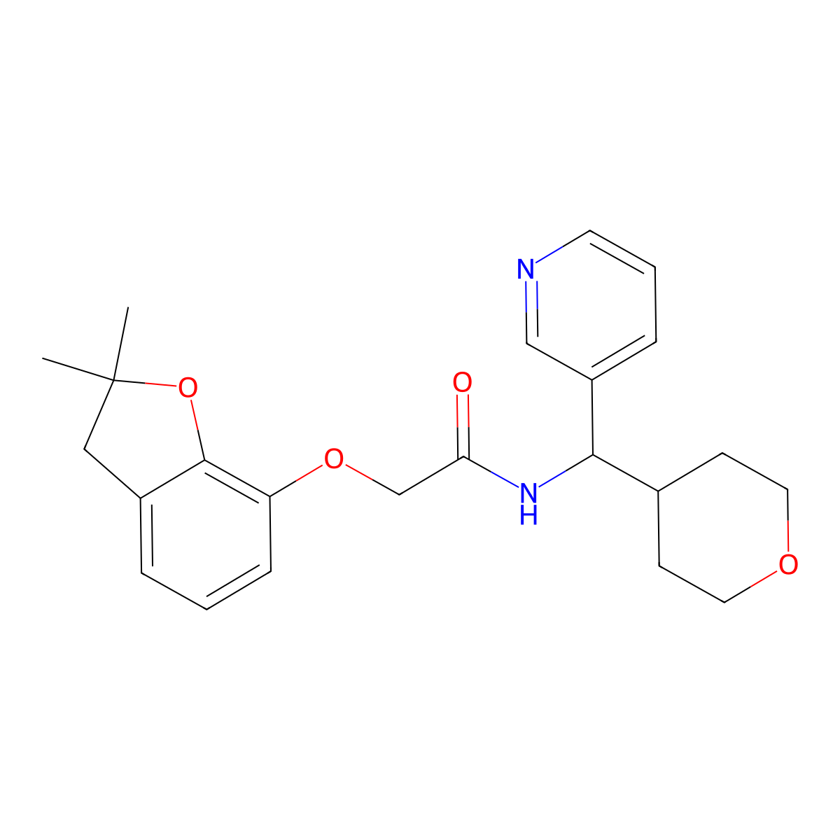 2-((2,2-dimethyl-2,3-dihydrobenzofuran-7-yl)oxy)-N-(pyridin-3-yl(tetrahydro-2H-pyran-4-yl)methyl)acetamide molecular structure, CAS 2034259-03-3