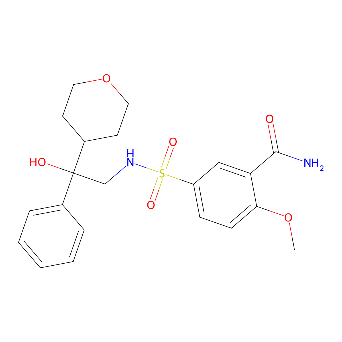 5-(N-(2-hydroxy-2-phenyl-2-(tetrahydro-2H-pyran-4-yl)ethyl)sulfamoyl)-2-methoxybenzamide molecular structure, CAS 2034259-05-5