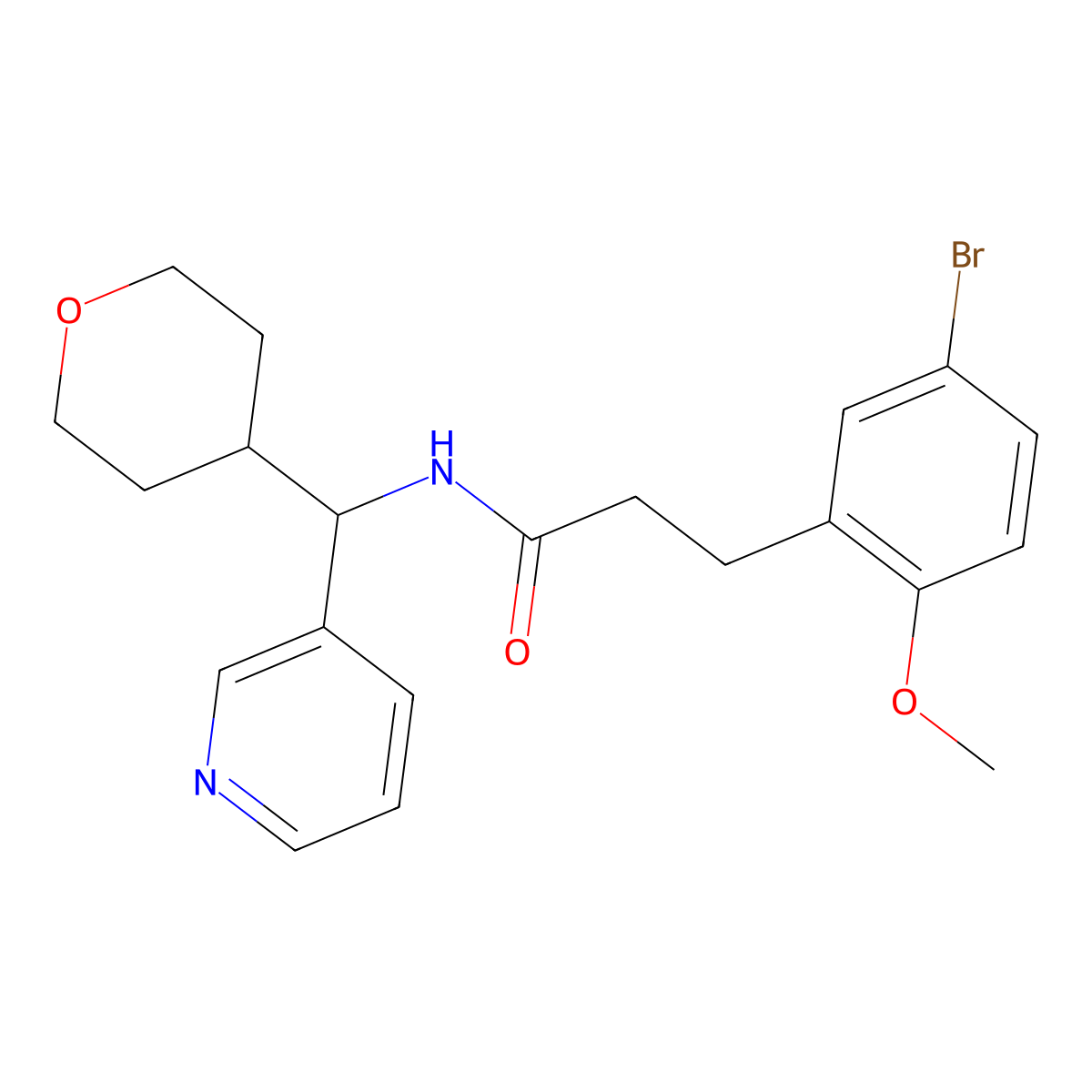 3-(5-bromo-2-methoxyphenyl)-N-(pyridin-3-yl(tetrahydro-2H-pyran-4-yl)methyl)propanamide molecular structure, CAS 2034259-15-7