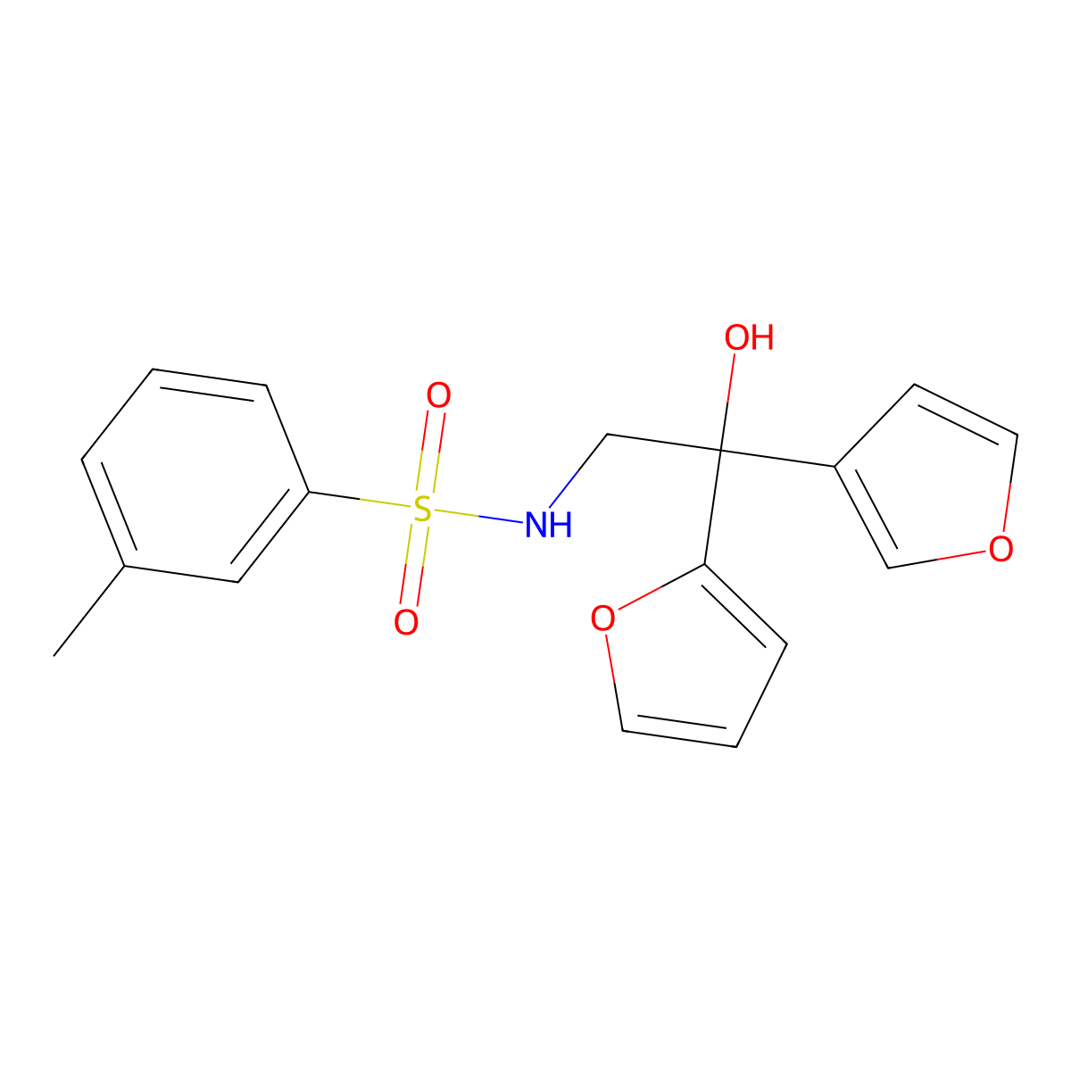 N-(2-(furan-2-yl)-2-(furan-3-yl)-2-hydroxyethyl)-3-methylbenzenesulfonamide molecular structure, CAS 2034259-18-0