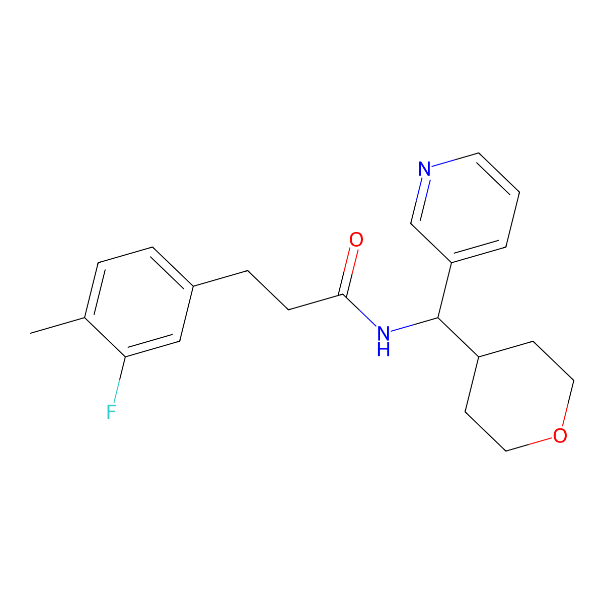 3-(3-fluoro-4-methylphenyl)-N-(pyridin-3-yl(tetrahydro-2H-pyran-4-yl)methyl)propanamide molecular structure, CAS 2034259-19-1