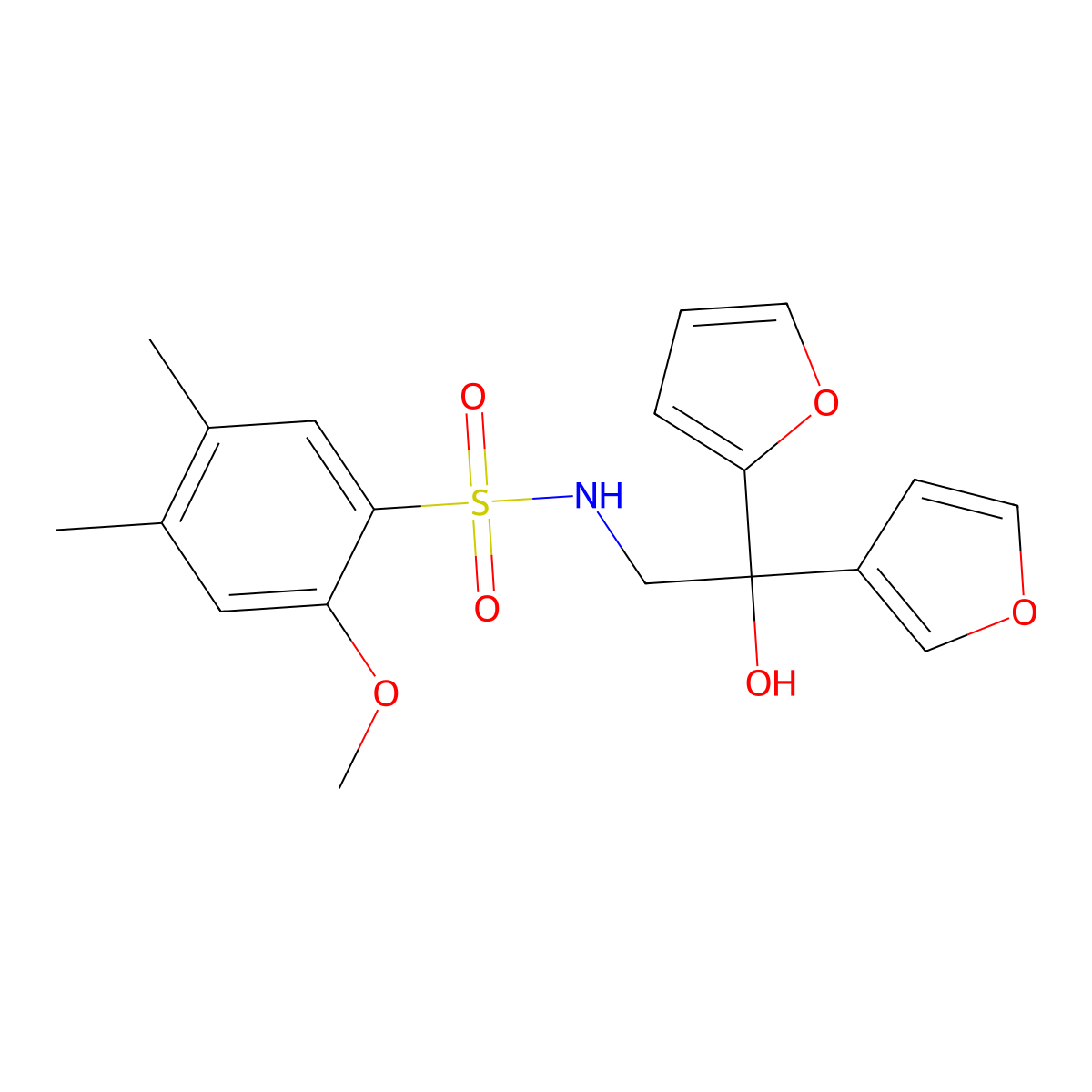 N-(2-(furan-2-yl)-2-(furan-3-yl)-2-hydroxyethyl)-2-methoxy-4,5-dimethylbenzenesulfonamide molecular structure, CAS 2034259-25-9