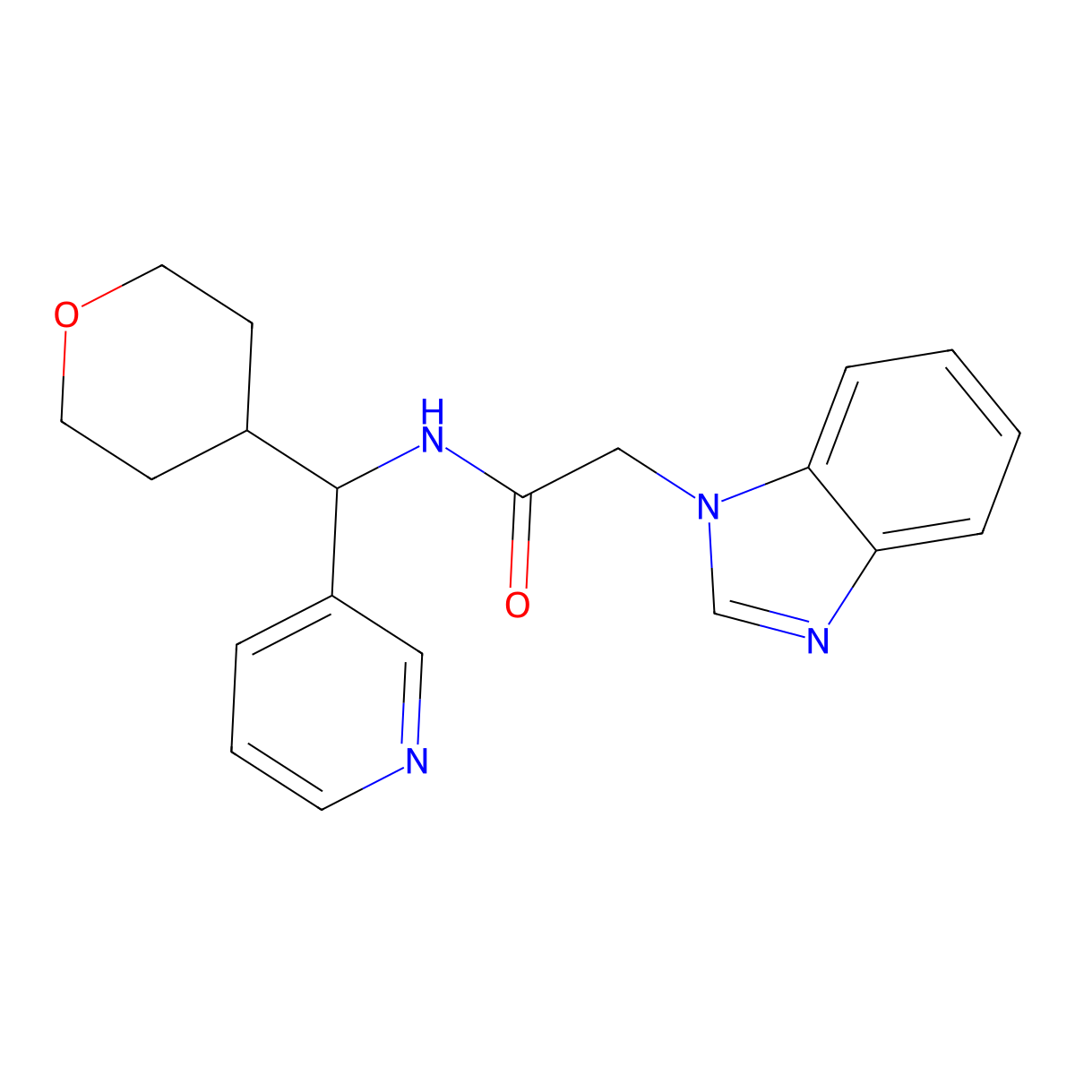 2-(1H-benzo[d]imidazol-1-yl)-N-(pyridin-3-yl(tetrahydro-2H-pyran-4-yl)methyl)acetamide molecular structure, CAS 2034259-33-9