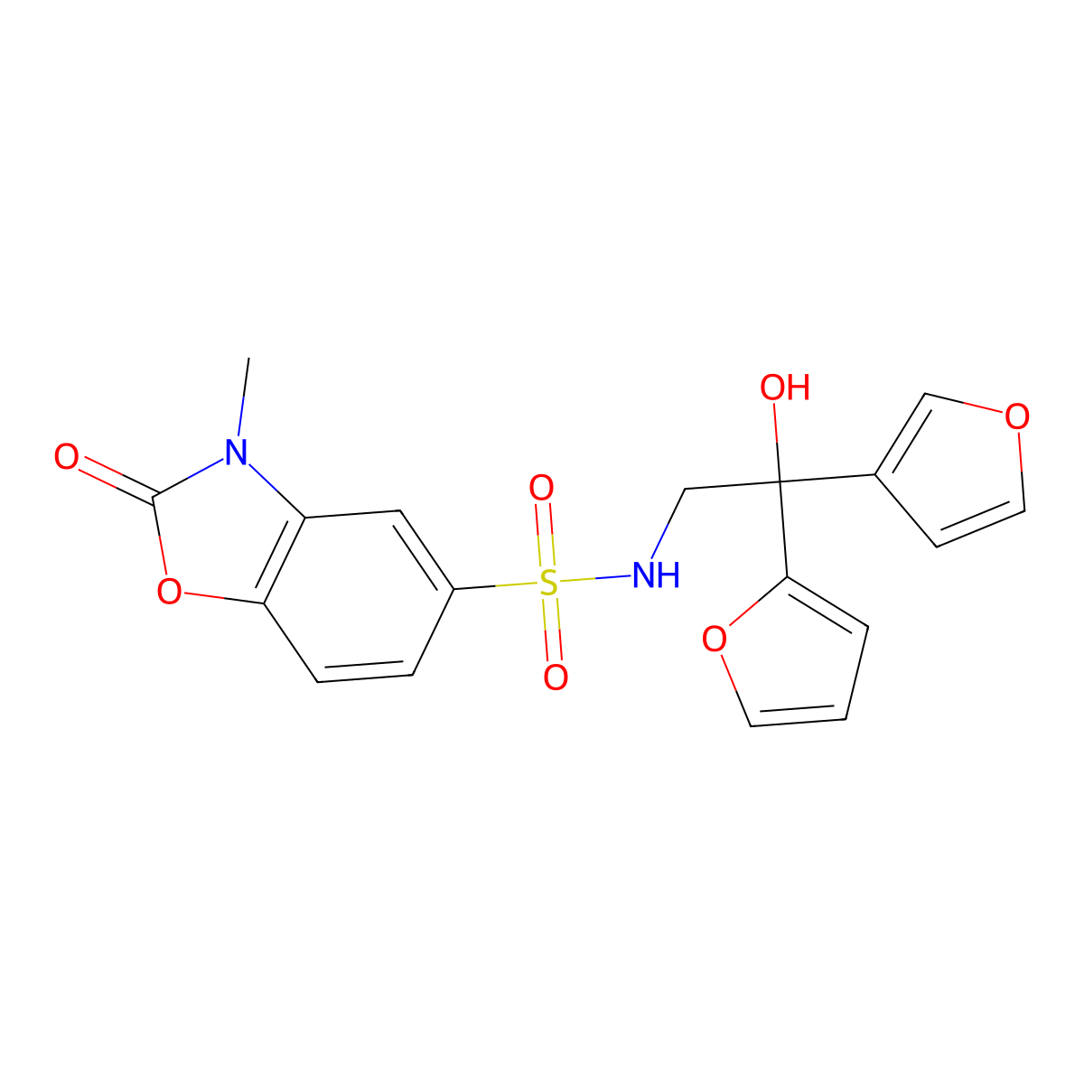 N-(2-(furan-2-yl)-2-(furan-3-yl)-2-hydroxyethyl)-3-methyl-2-oxo-2,3-dihydrobenzo[d]oxazole-5-sulfonamide molecular structure, CAS 2034259-35-1