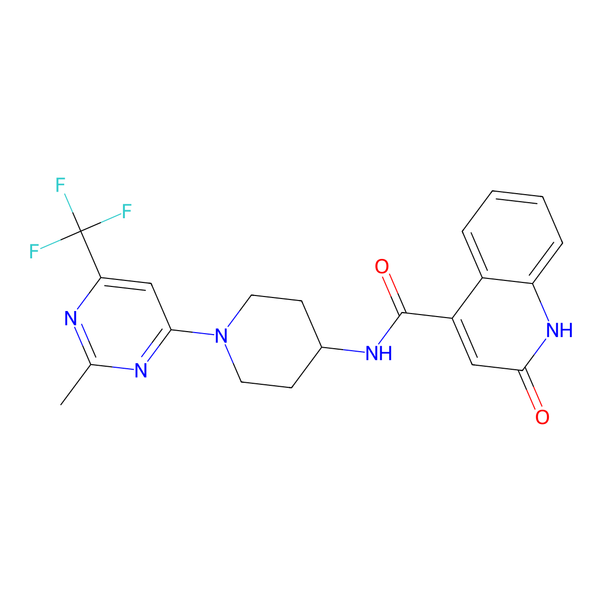 2-hydroxy-N-(1-(2-methyl-6-(trifluoromethyl)pyrimidin-4-yl)piperidin-4-yl)quinoline-4-carboxamide molecular structure, CAS 2034259-36-2