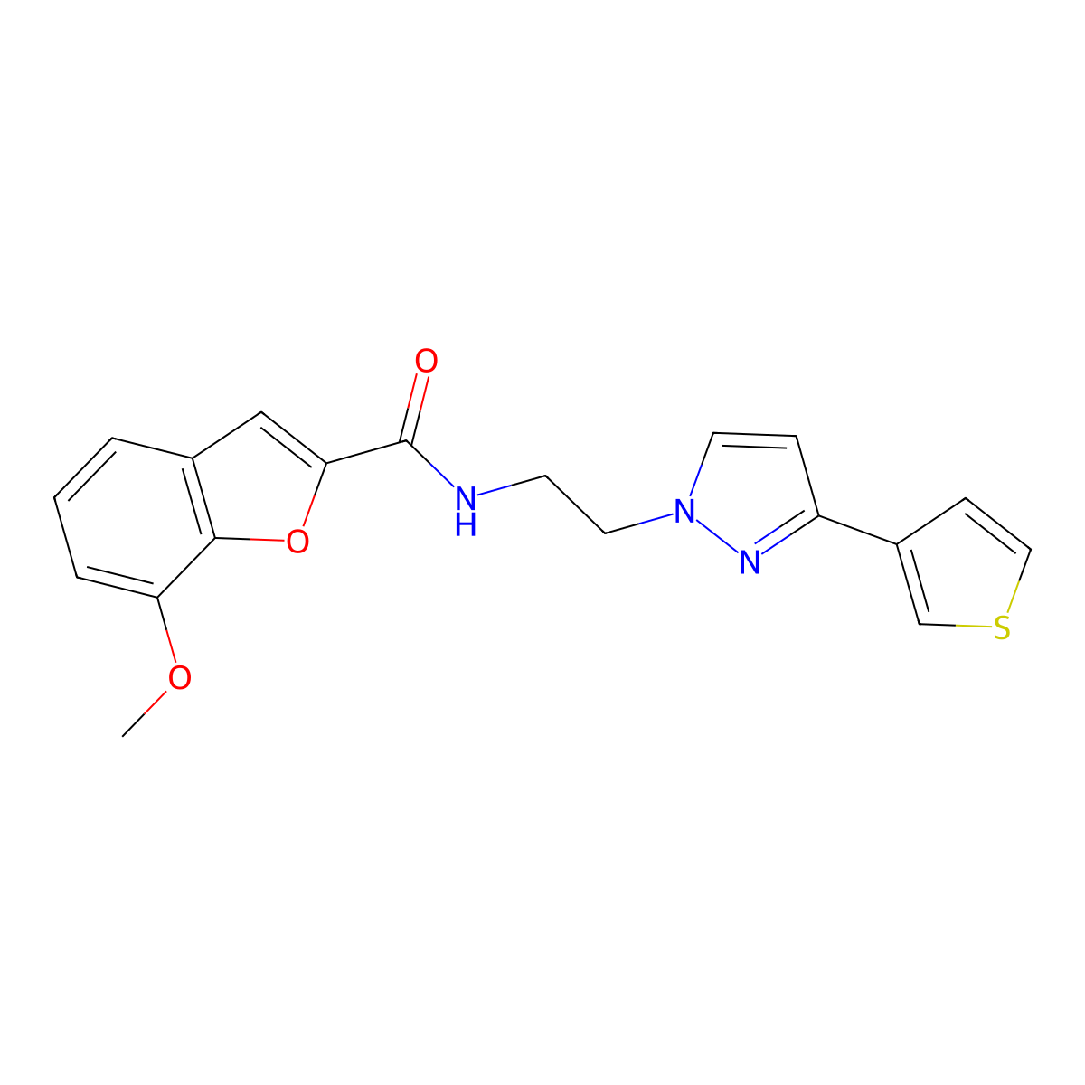7-methoxy-N-(2-(3-(thiophen-3-yl)-1H-pyrazol-1-yl)ethyl)benzofuran-2-carboxamide molecular structure, CAS 2034259-37-3
