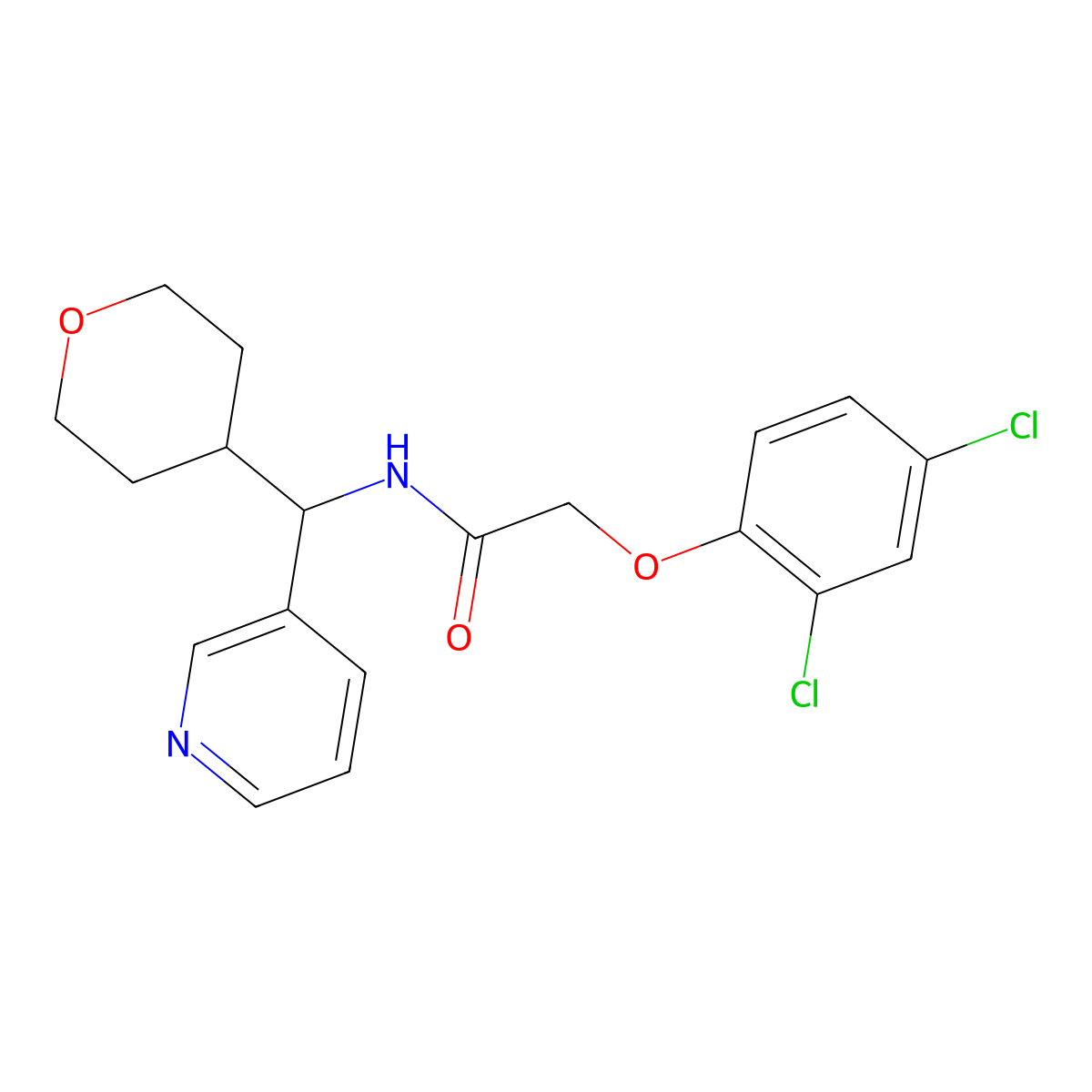 2-(2,4-dichlorophenoxy)-N-(pyridin-3-yl(tetrahydro-2H-pyran-4-yl)methyl)acetamide molecular structure, CAS 2034259-43-1