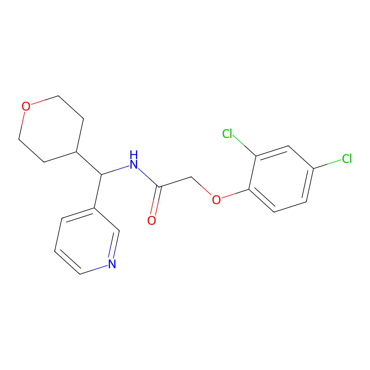 2-(2,4-dichlorophenoxy)-N-(pyridin-3-yl(tetrahydro-2H-pyran-4-yl)methyl)acetamide molecular structure, CAS 2034259-43-1