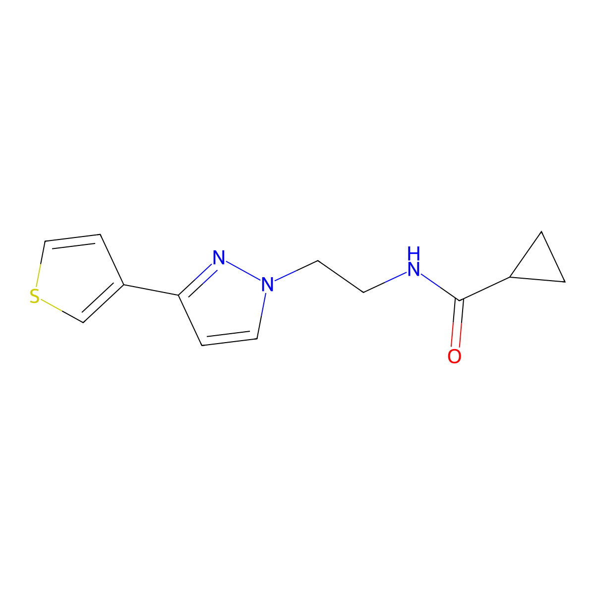 N-{2-[3-(thiophen-3-yl)-1H-pyrazol-1-yl]ethyl}cyclopropanecarboxamide molecular structure, CAS 2034259-46-4
