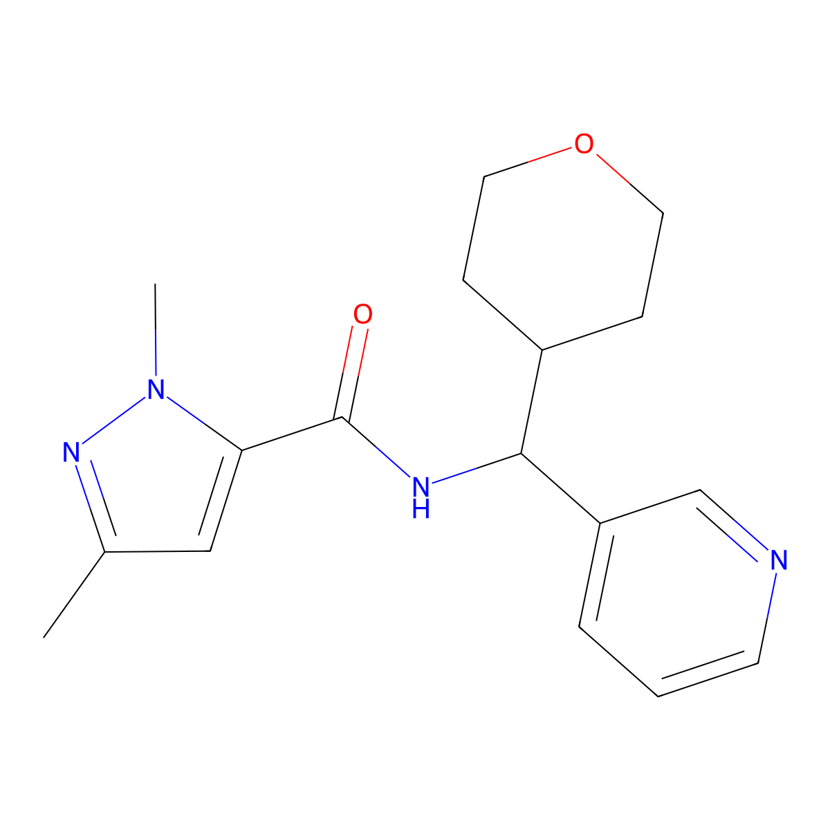 1,3-dimethyl-N-(pyridin-3-yl(tetrahydro-2H-pyran-4-yl)methyl)-1H-pyrazole-5-carboxamide molecular structure, CAS 2034259-49-7