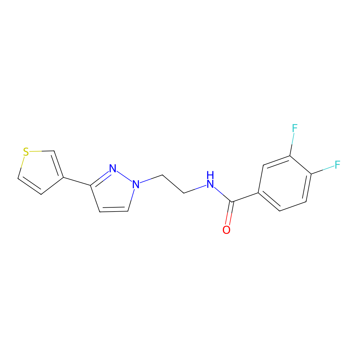 3,4-difluoro-N-(2-(3-(thiophen-3-yl)-1H-pyrazol-1-yl)ethyl)benzamide molecular structure, CAS 2034259-56-6