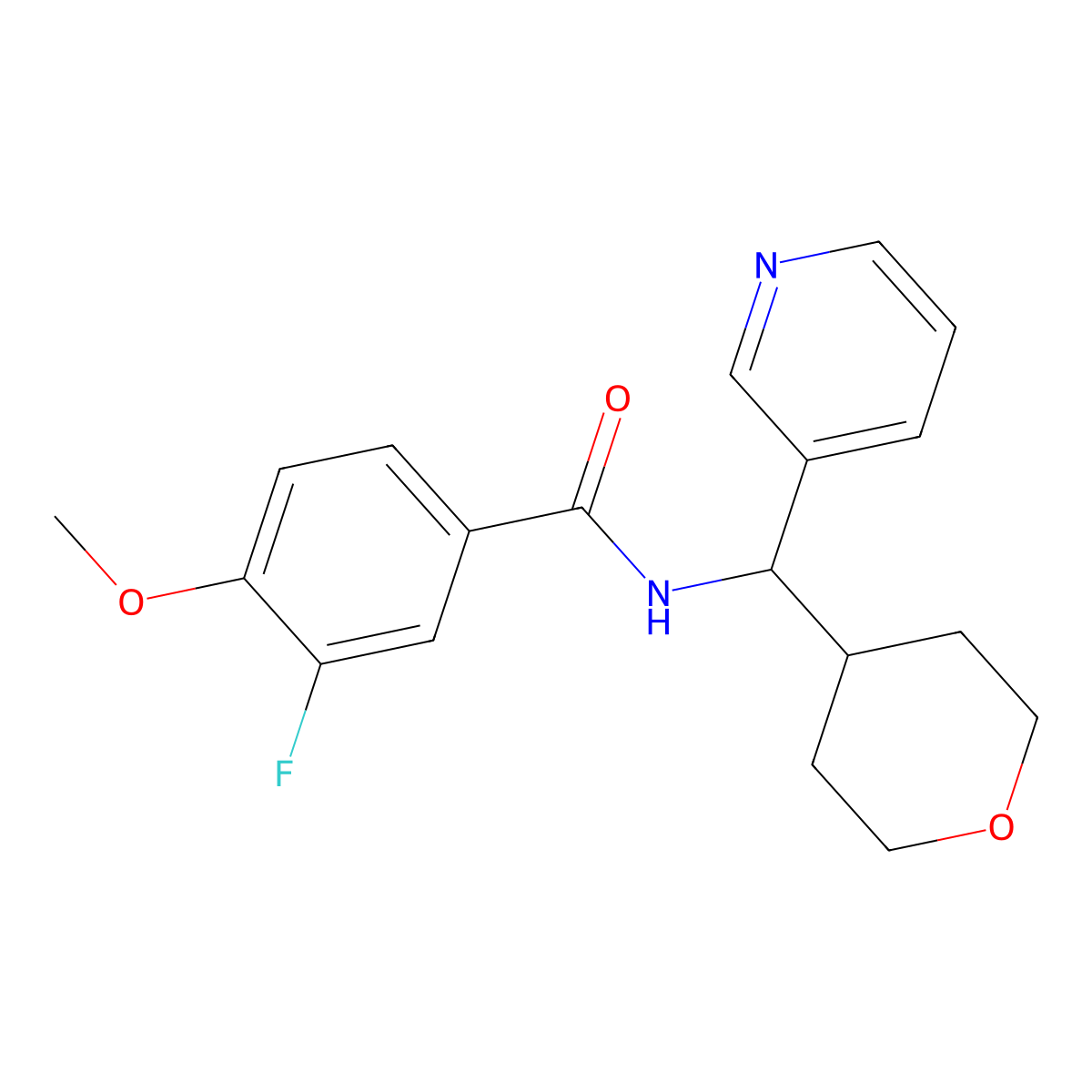 3-fluoro-4-methoxy-N-(pyridin-3-yl(tetrahydro-2H-pyran-4-yl)methyl)benzamide molecular structure, CAS 2034259-59-9